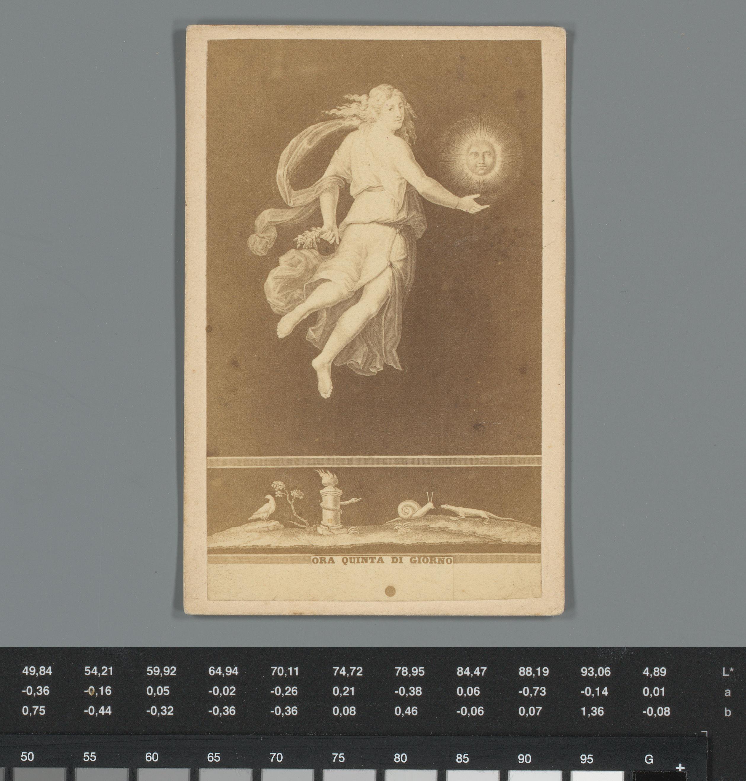 Fotoreproductie van een prent van een allegorisch figuur van het vijfde uur van de dag met reclame voor een parfumerie in Parijs