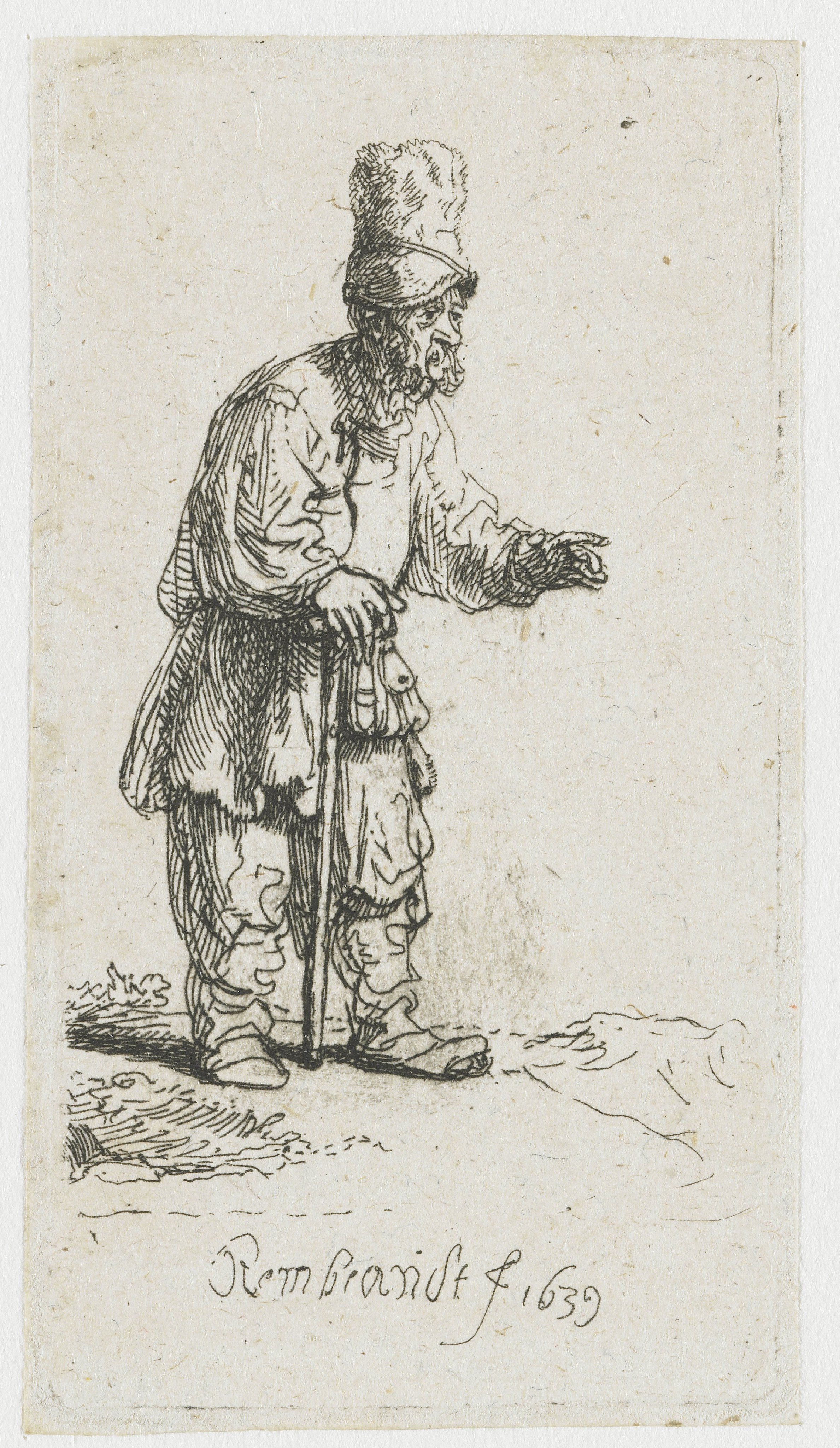 A peasant in a high cap, standing leaning on a stick