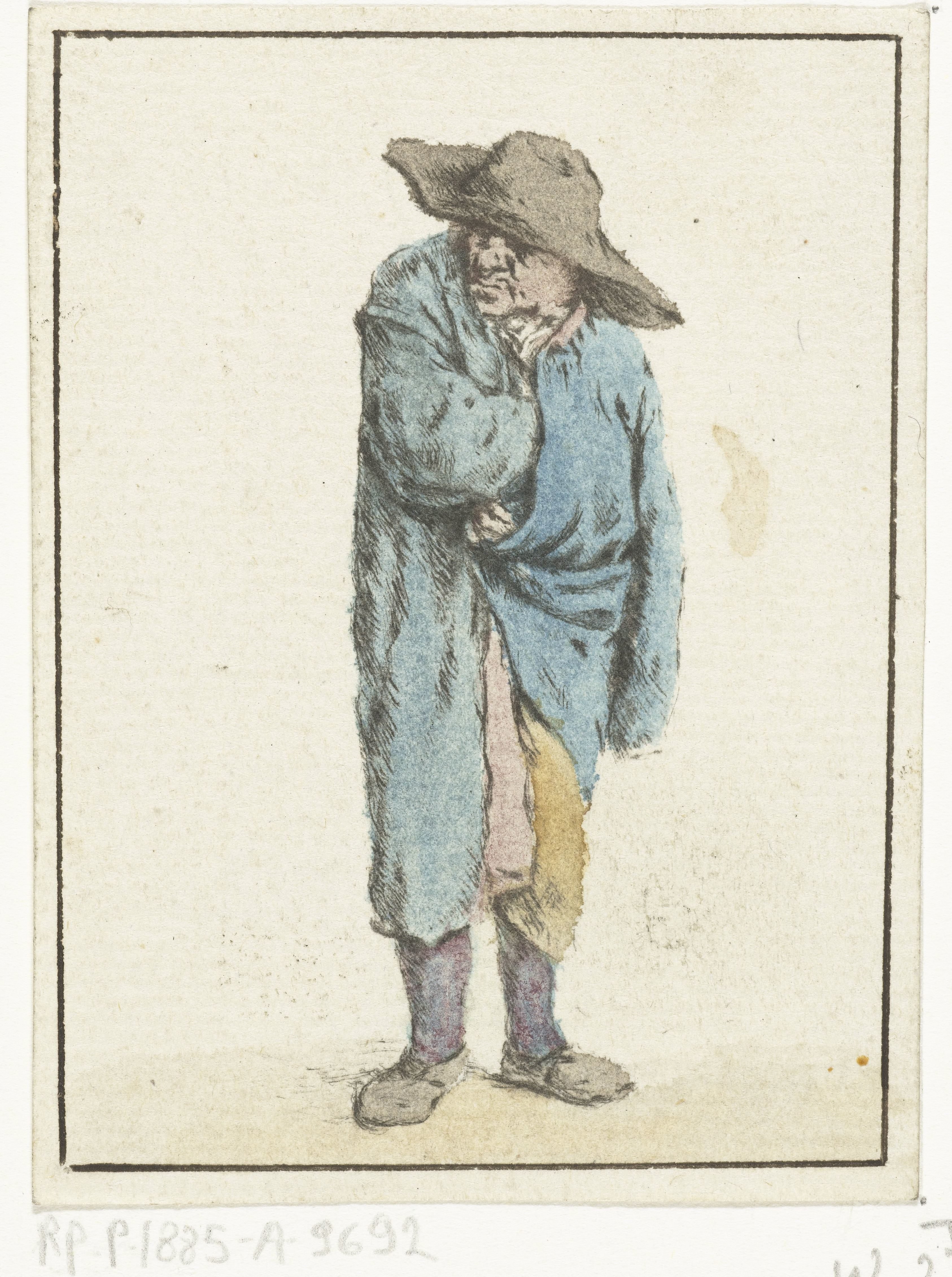 Staande boer met hand en arm in zijn mantel