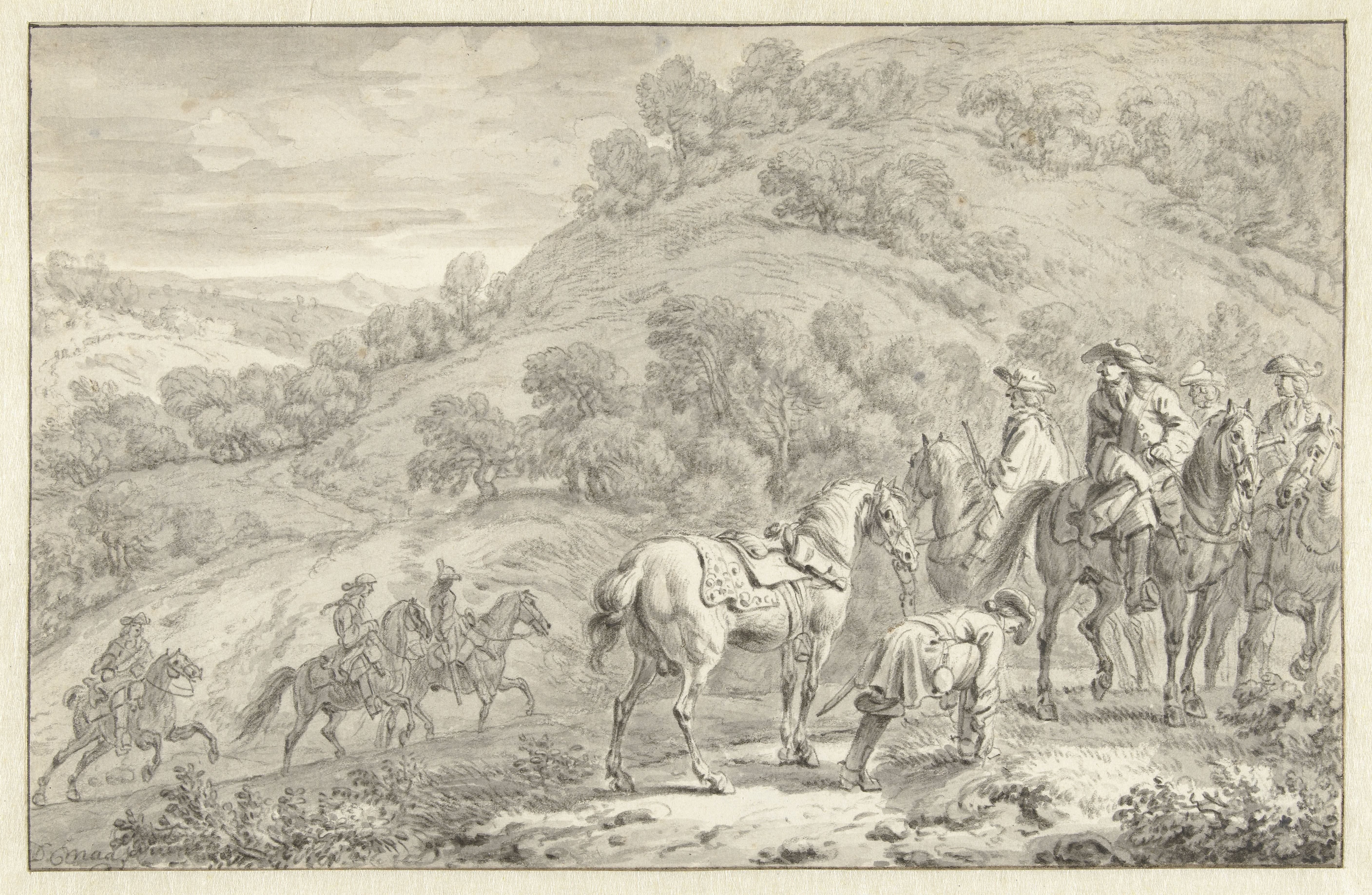Mountain Landscape with a Dismounted Rider and Other Hunters on Horseback