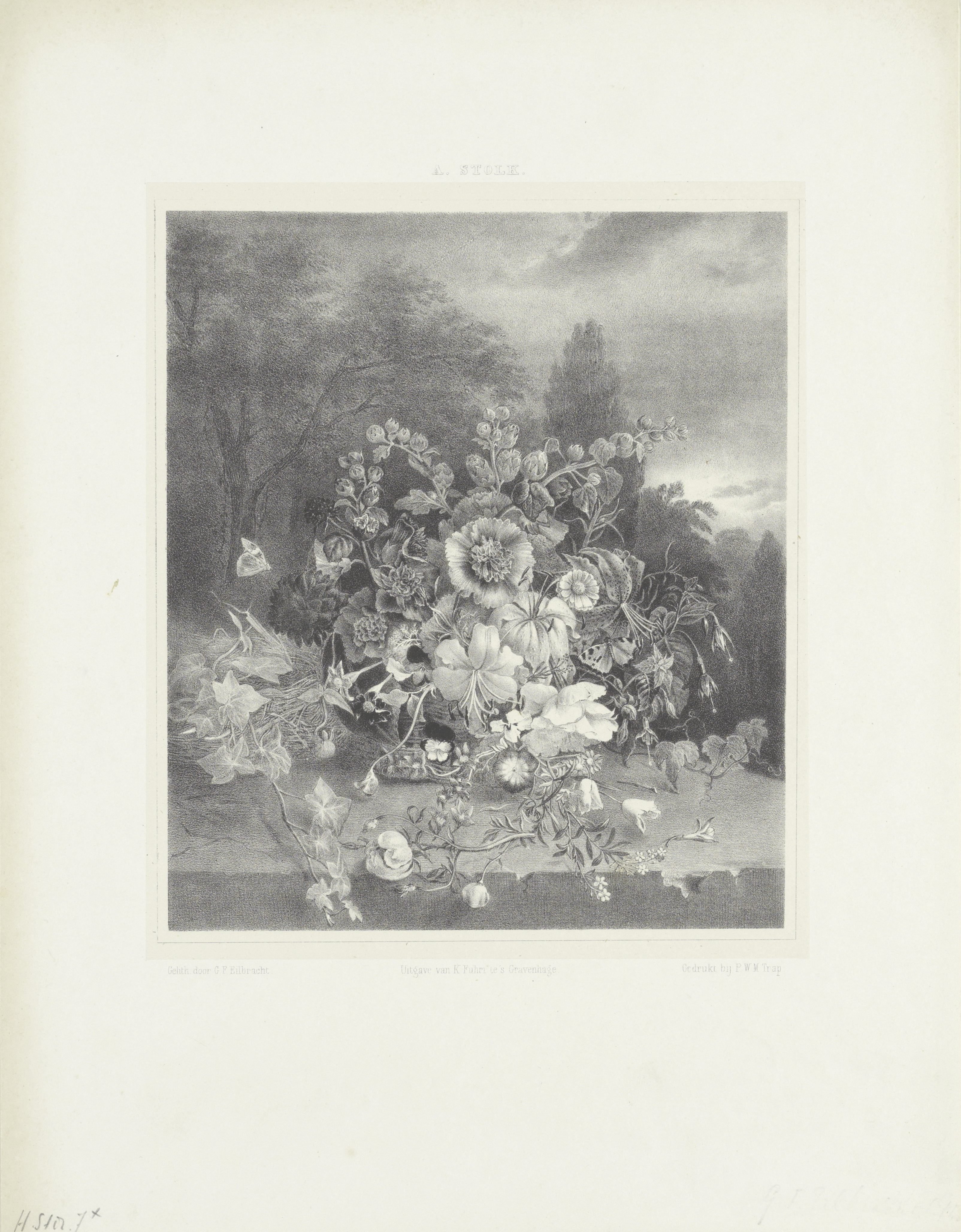Bloemstilleven in landschap