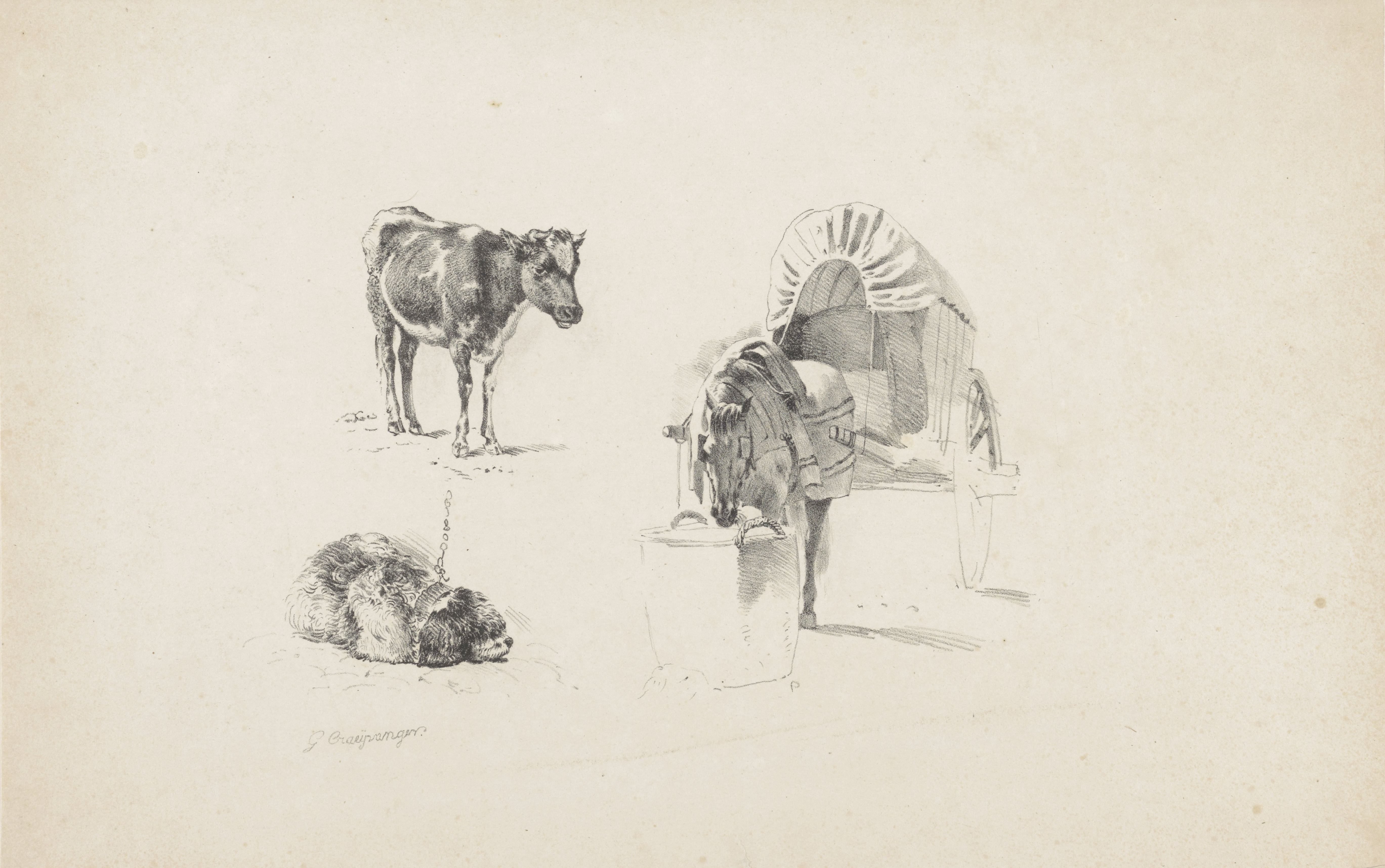 Een kalf, hond en paard met wagen