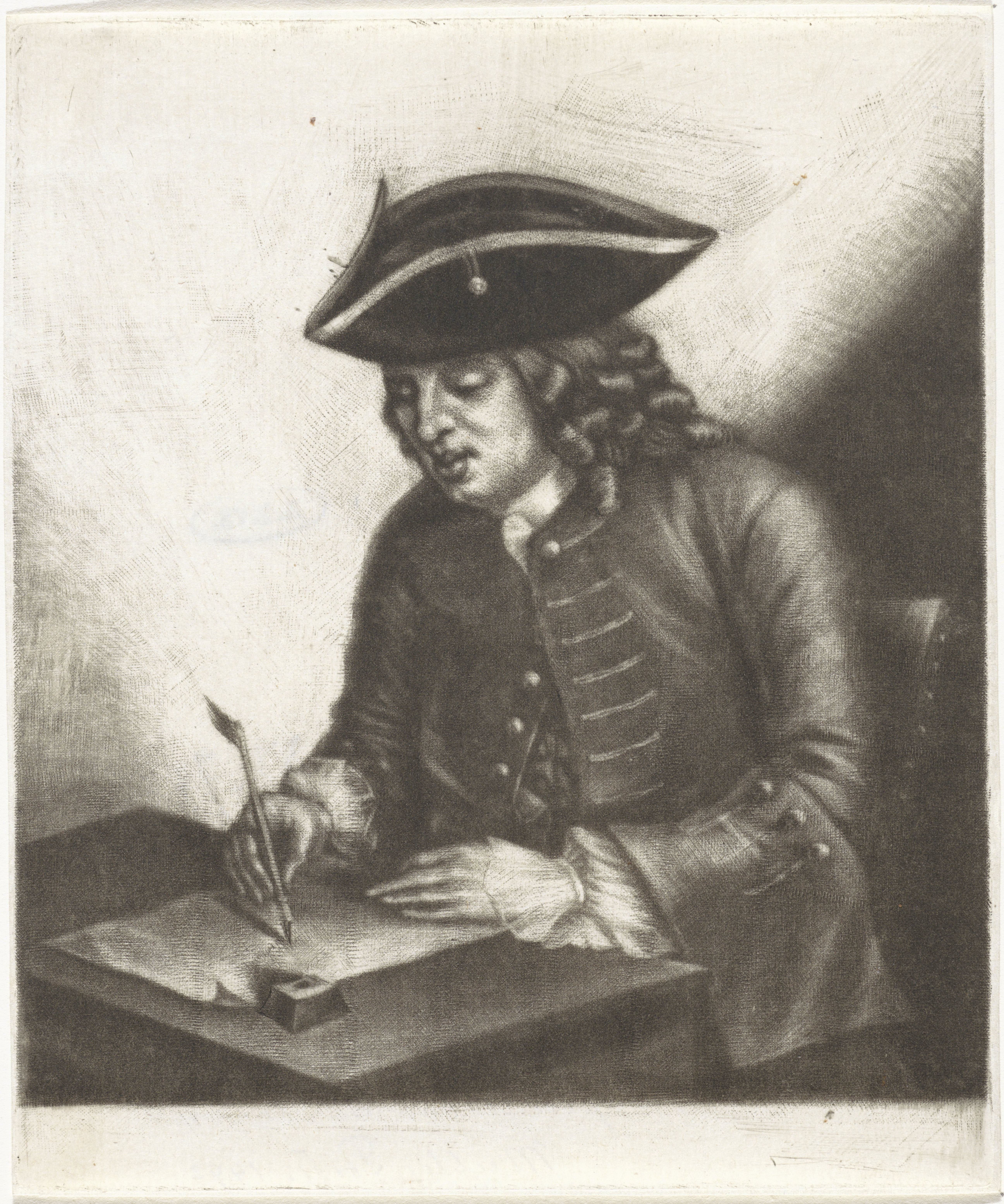 Portret van een schrijvende man aan een bureau, mogelijk Pieter Louw