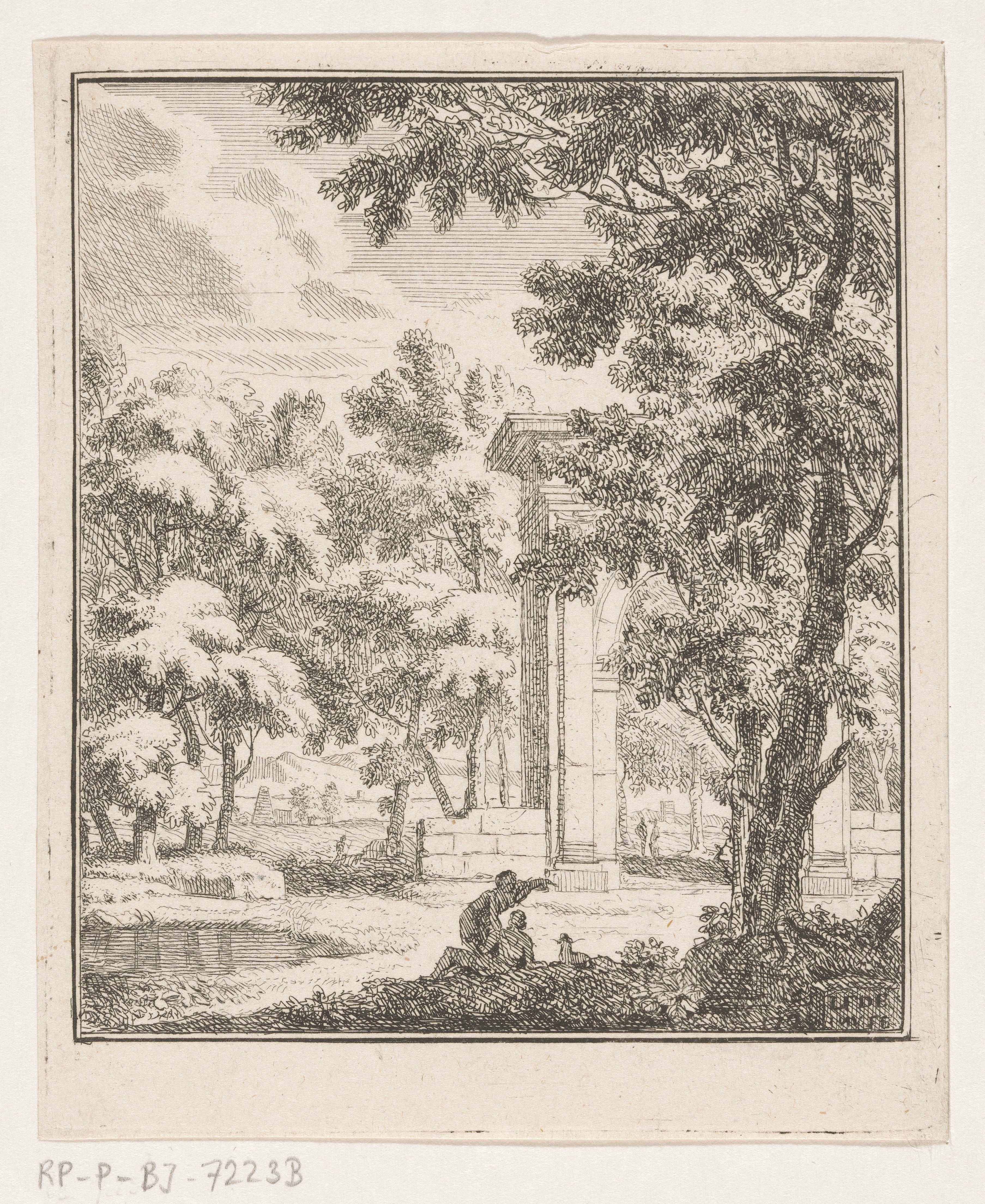 Arcadisch landschap met herders bij een stenen boog