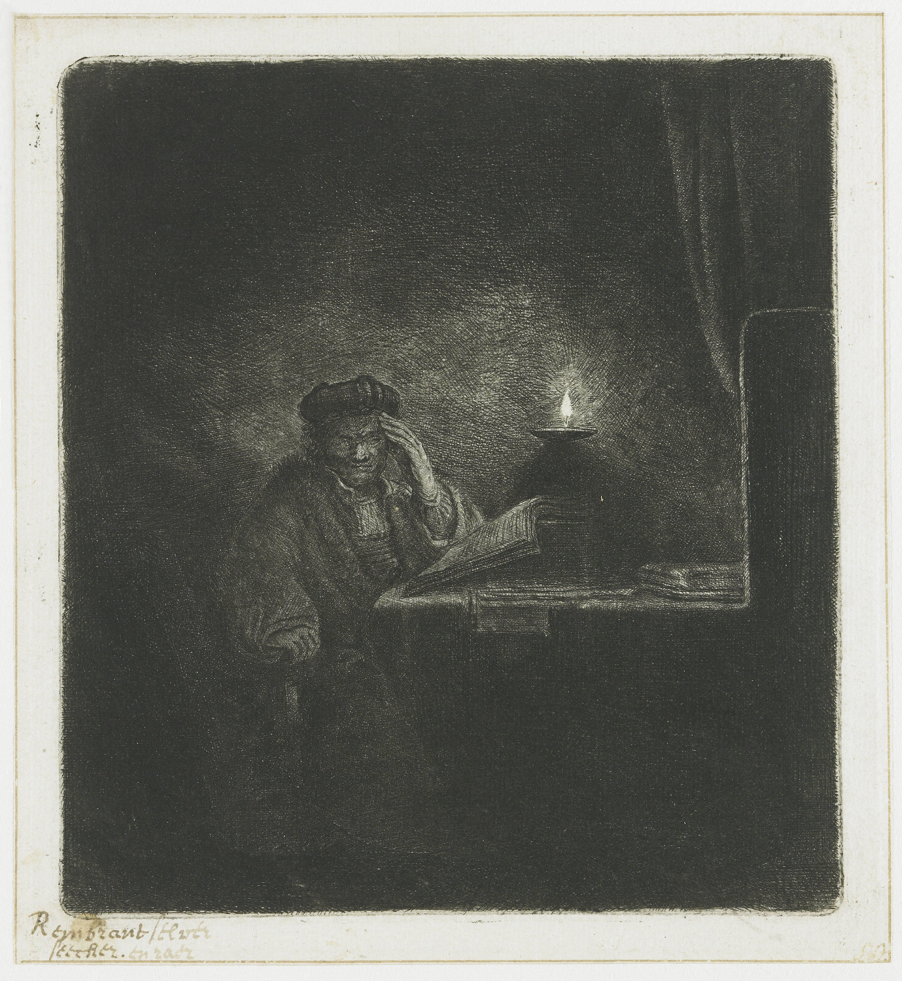 Student at a table by candlelight