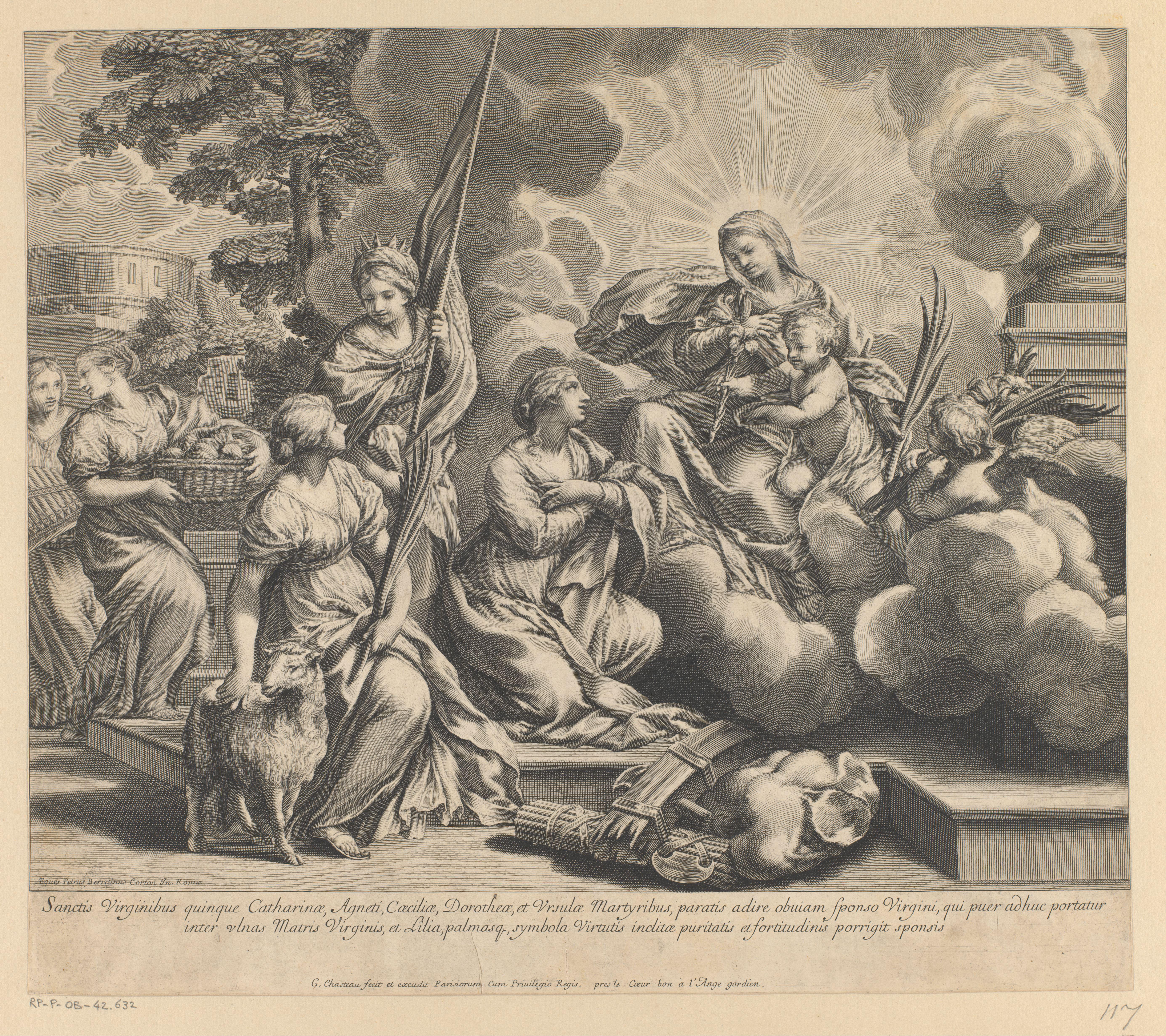 Maria en Kind overhandigen lelies en palmbladeren aan H. Catharina, H. Agnes, H. Ursula, H. Dorothea en H. Cecilia
