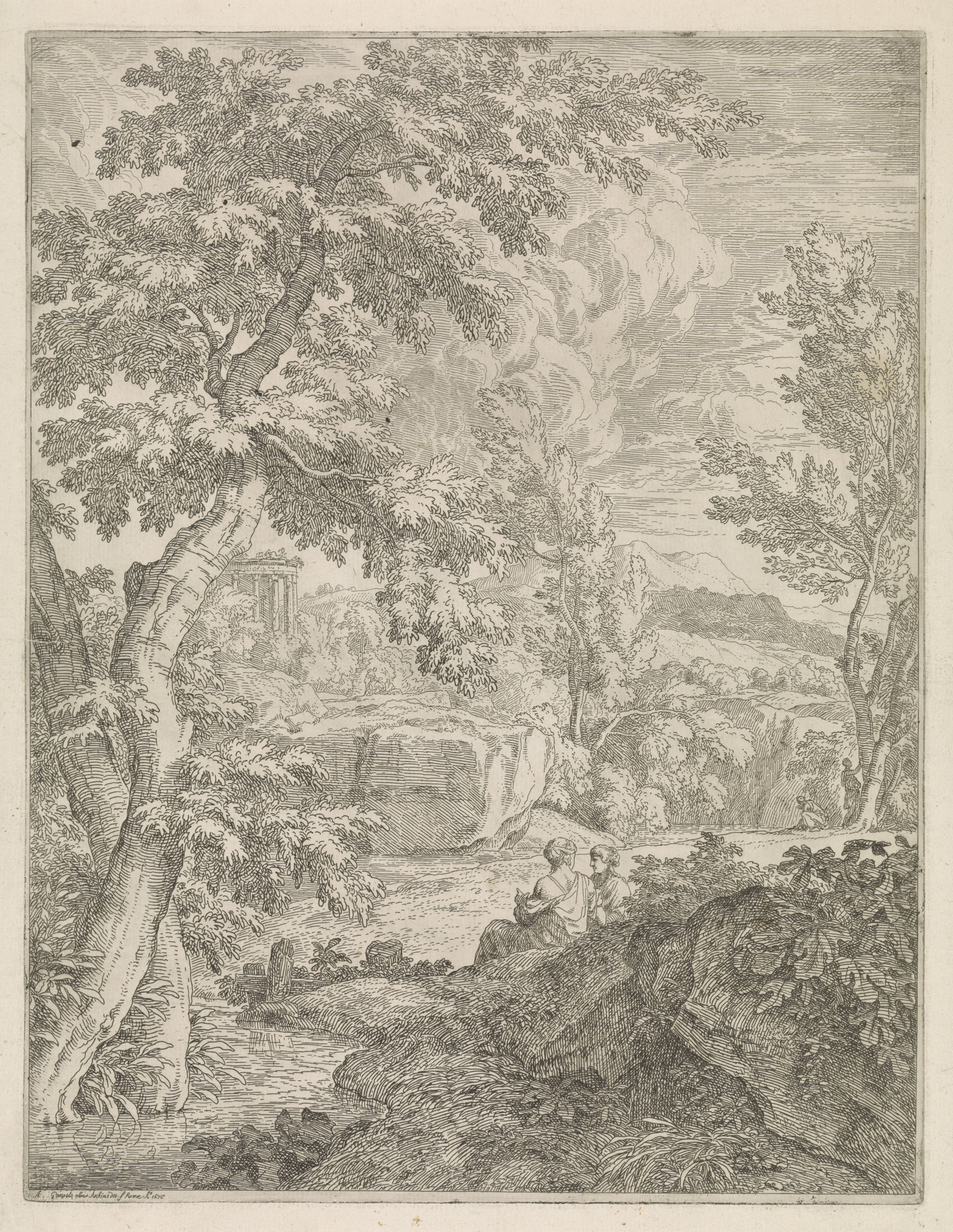 Landschap met rivier en een klassieke ruïne