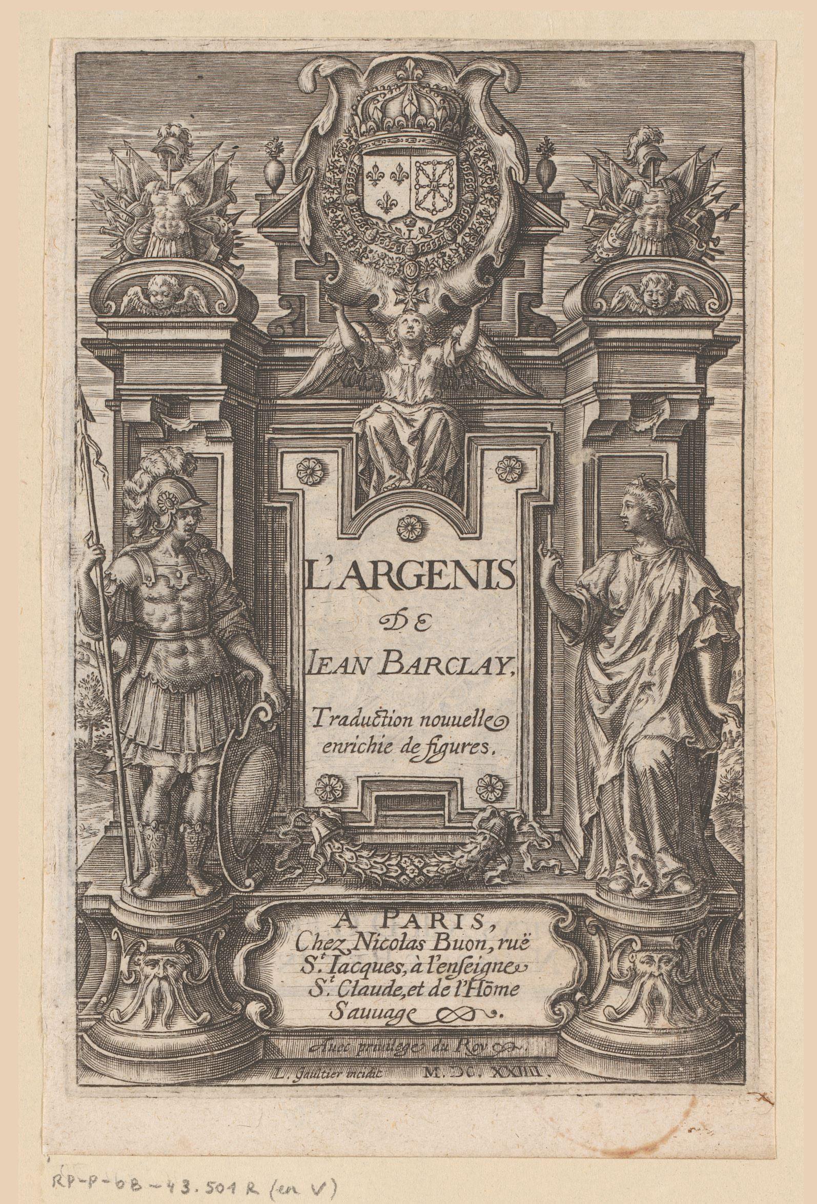 Wapenschild in monumentale lijst met allegorische figuren