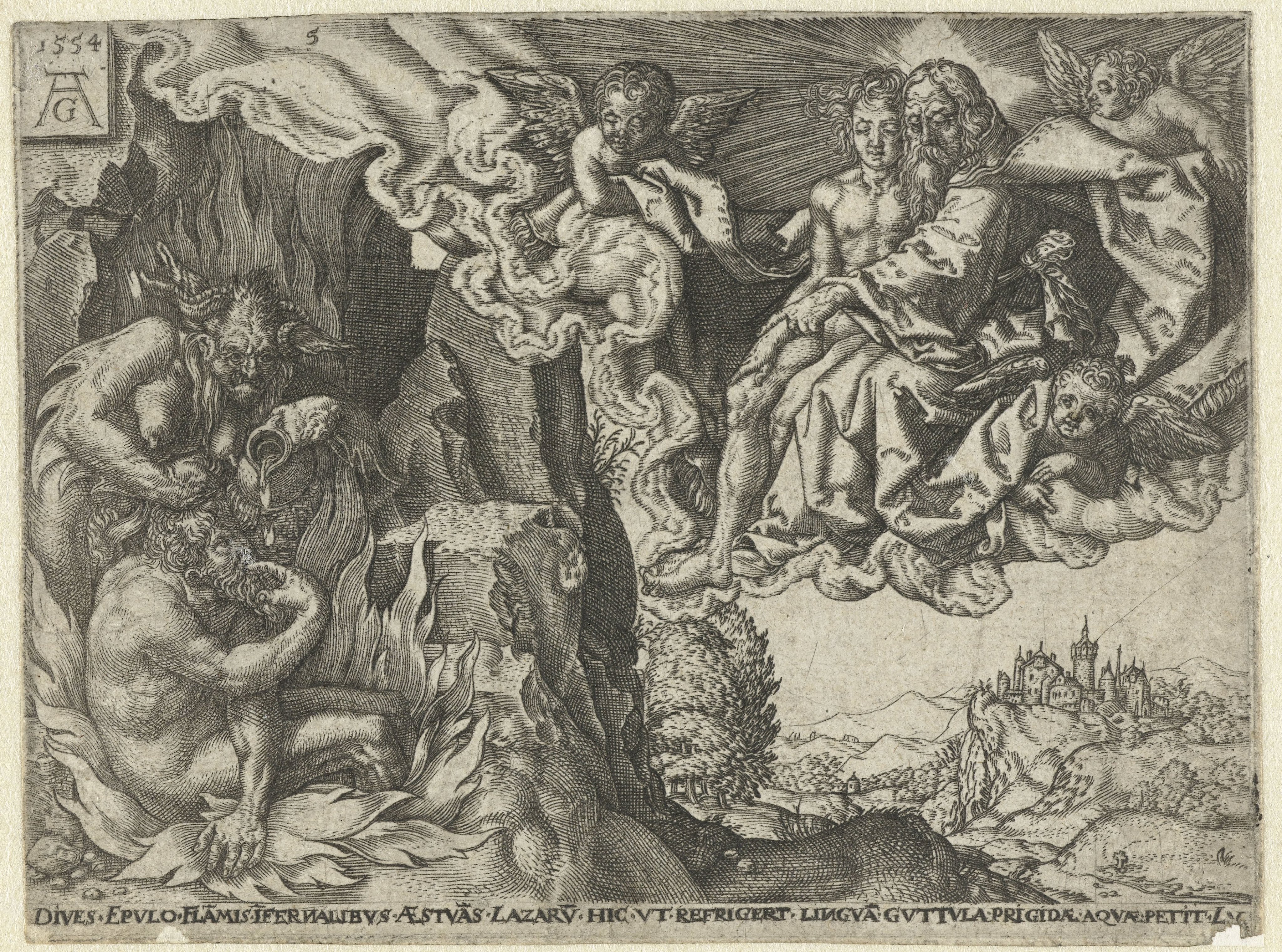 De rijke man in de hel ziet Abraham met Lazarus