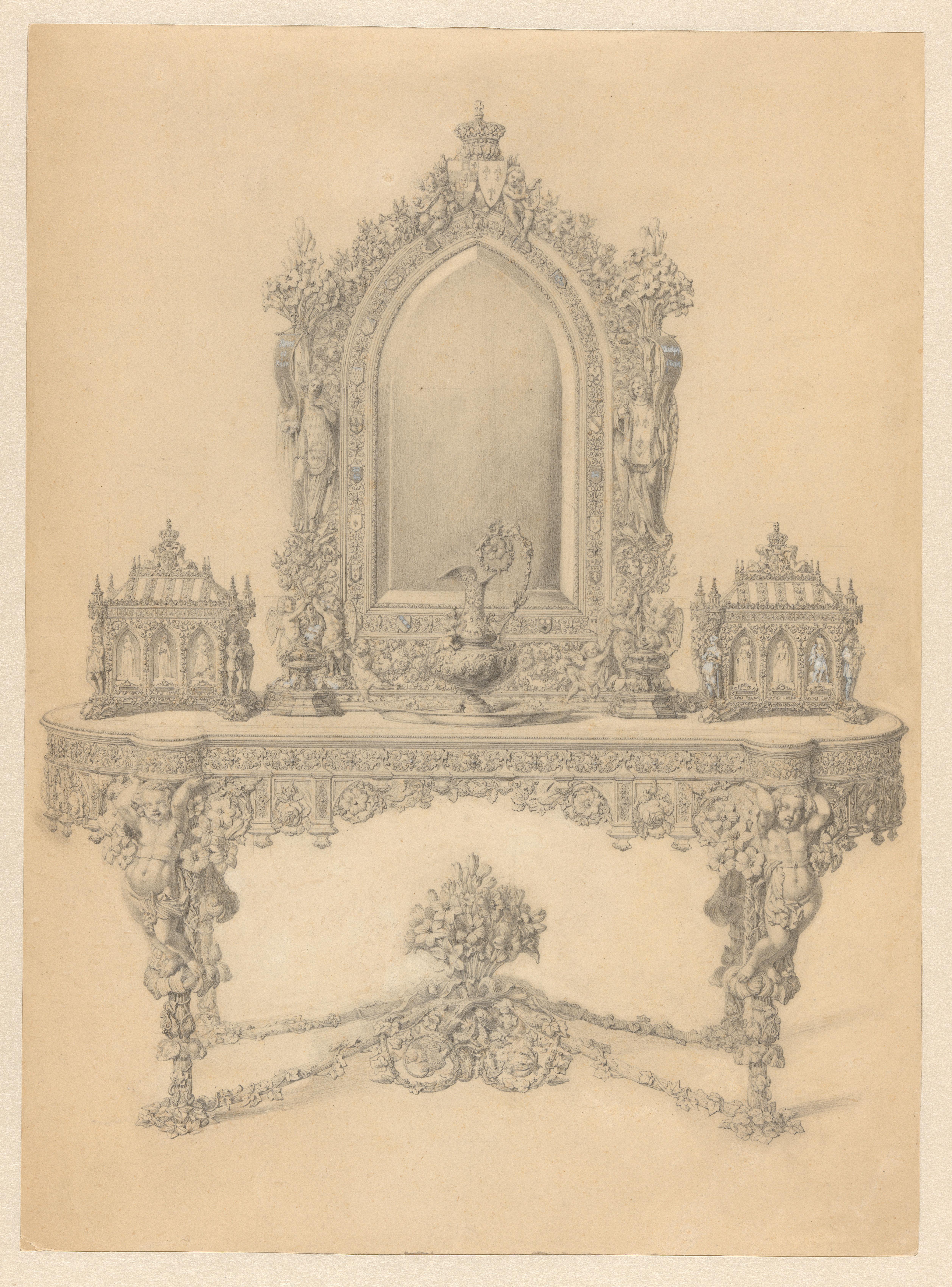 Het in 1847-1851 door François-Désiré Froment-Meurice vervaardigde verguld zilveren toiletstel op bijbehorende tafel, dat in 1851 door de dames van Frankrijk als huwelijksgeschenk aan de hertogin van Parma is aangeboden