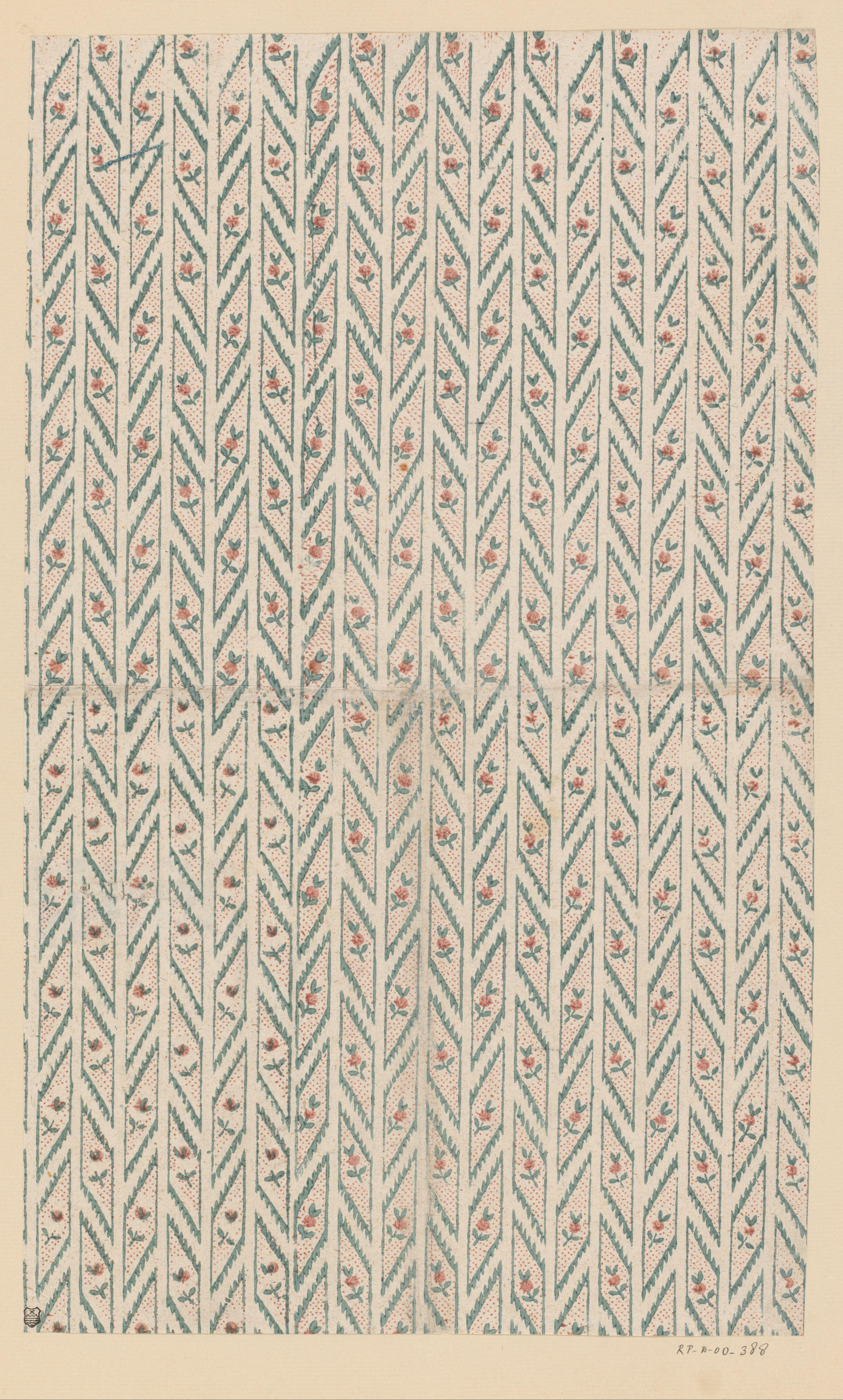 Blad met banenpatroon van vruchtje in puntenfond en kartelmotief