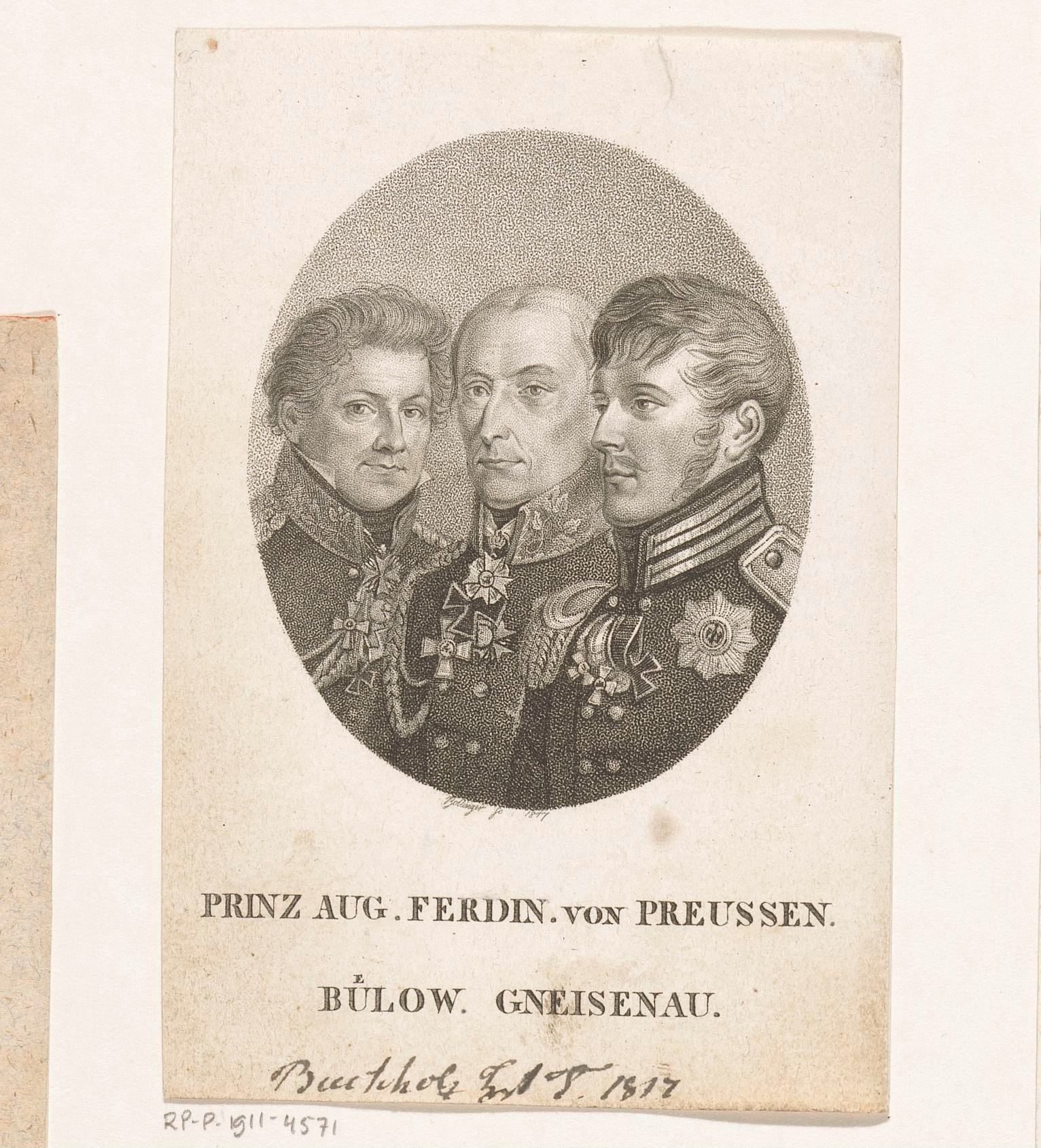 Groepsportret van August Ferdinand van Pruisen, Friedrich Wilhelm Bülow von Dennewitz en August Neidhardt von Gneisenau