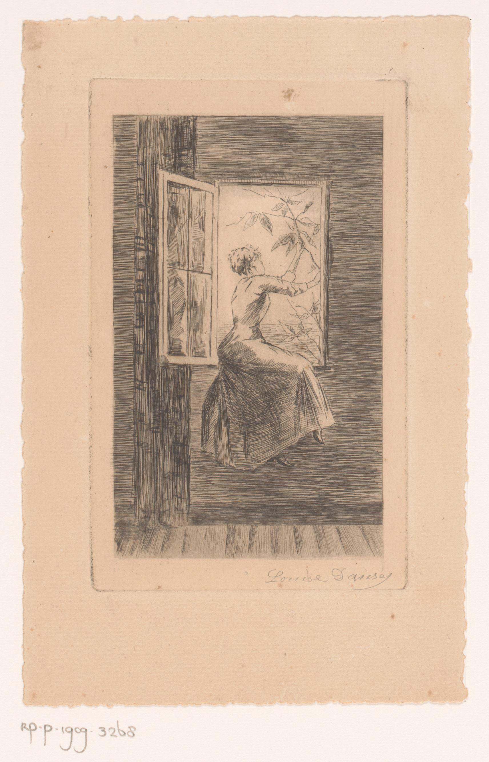 Jonge vrouw zittend in de raamopening pakt een tak vast