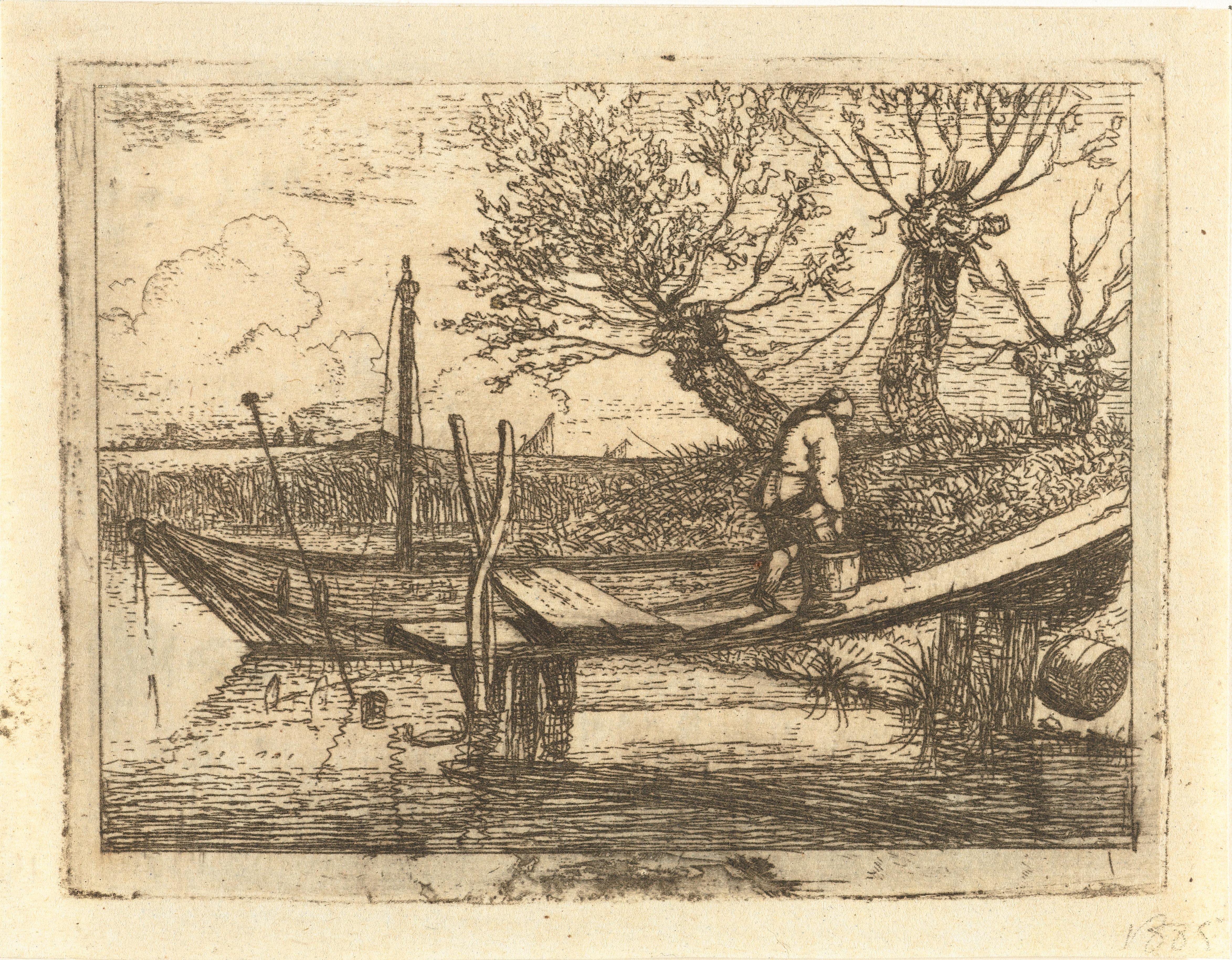 Landschap met kleine aanlegsteiger waarop een lopende man met emmer
