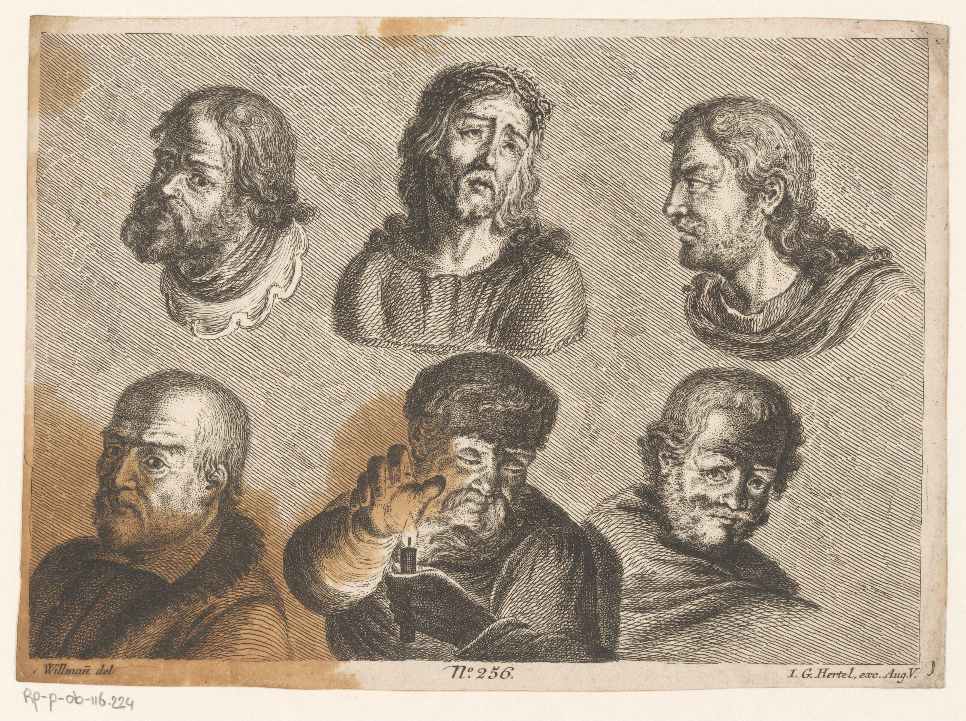 Zes mannenkoppen, waaronder Christus en een man met kaars