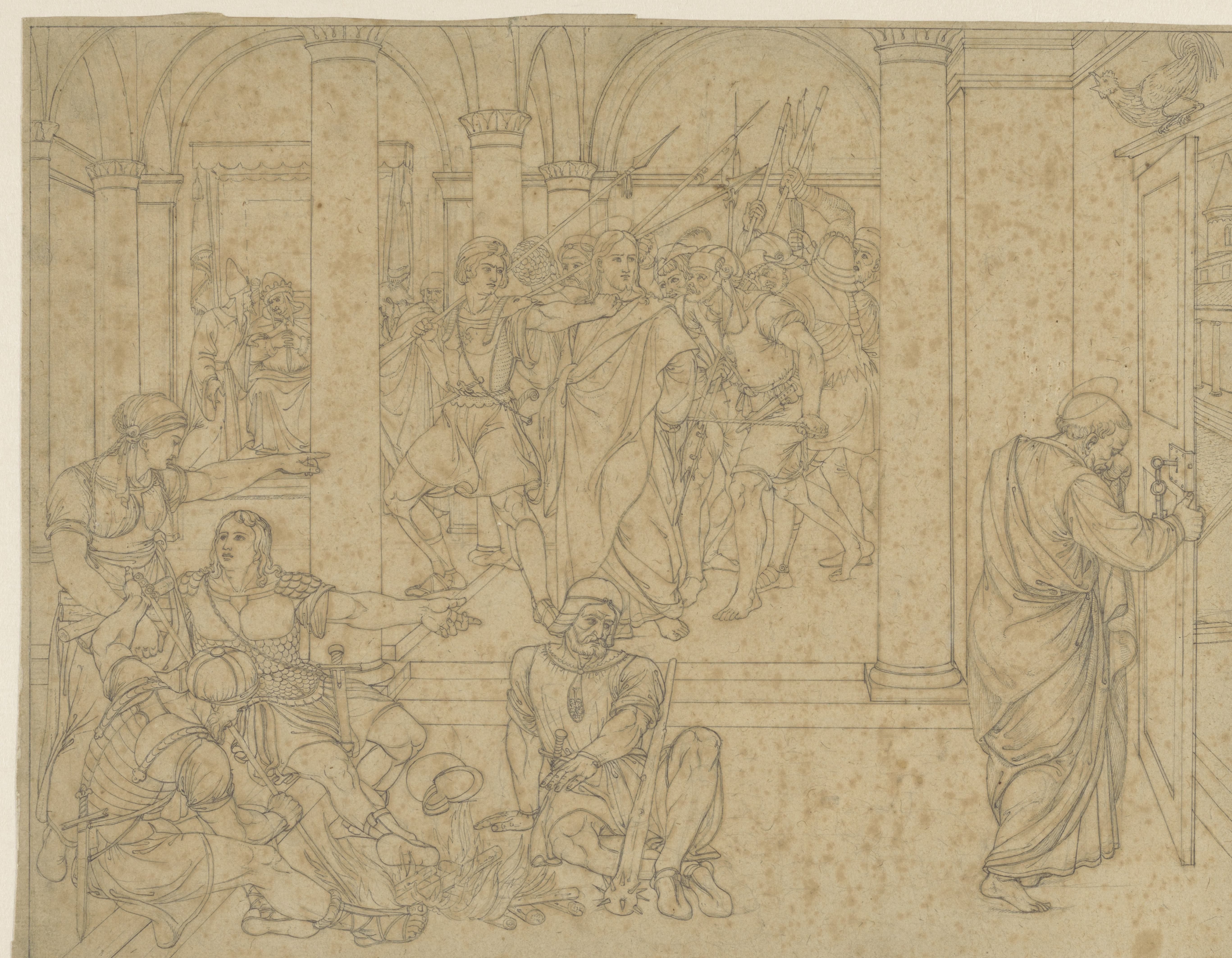 Petrus verloochent Christus, voorgesteld in de hal van het gerechtsgebouw