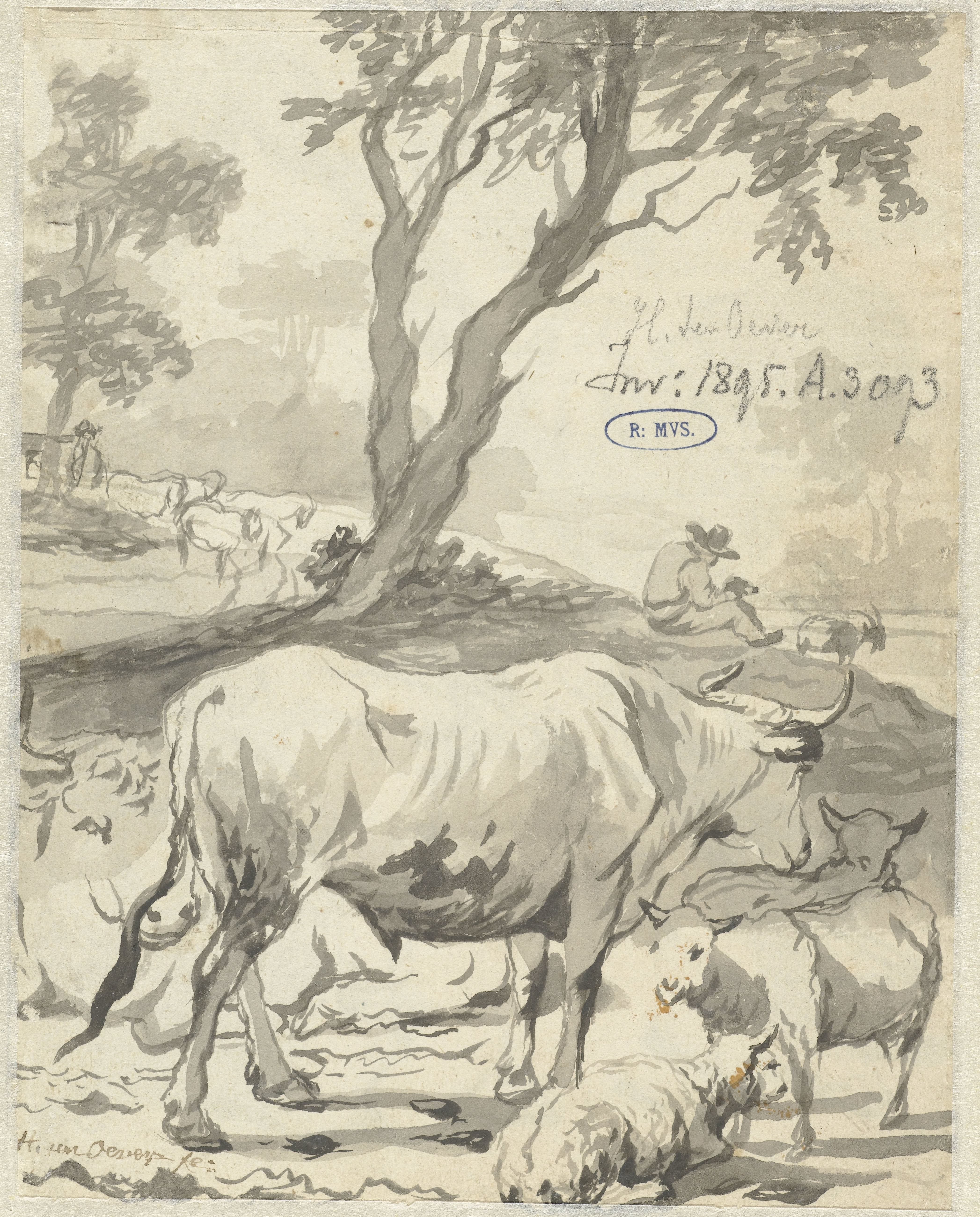 Herder met koeien en schapen onder een boom