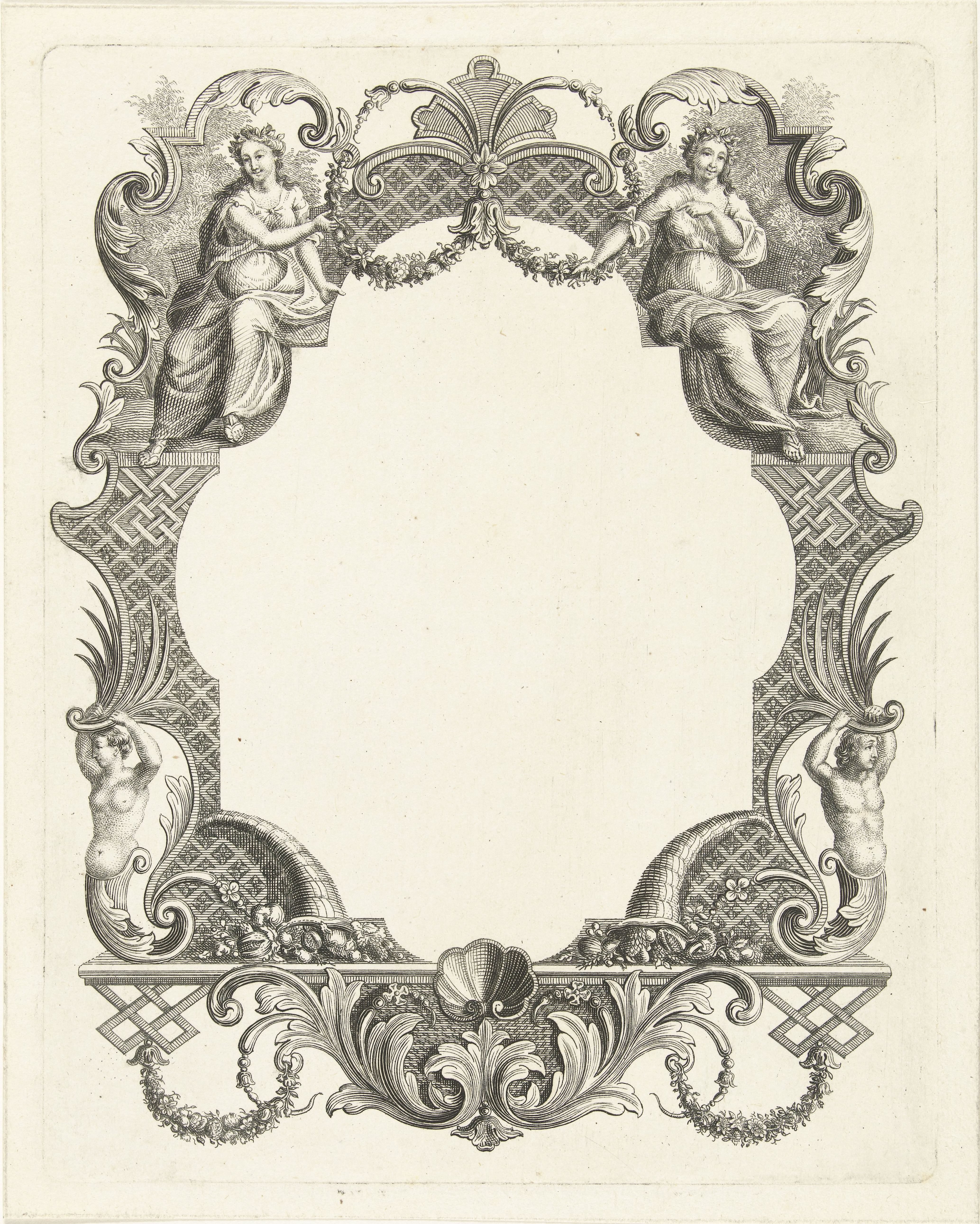 Cartouche met twee vrouwenfiguren en ornamenten