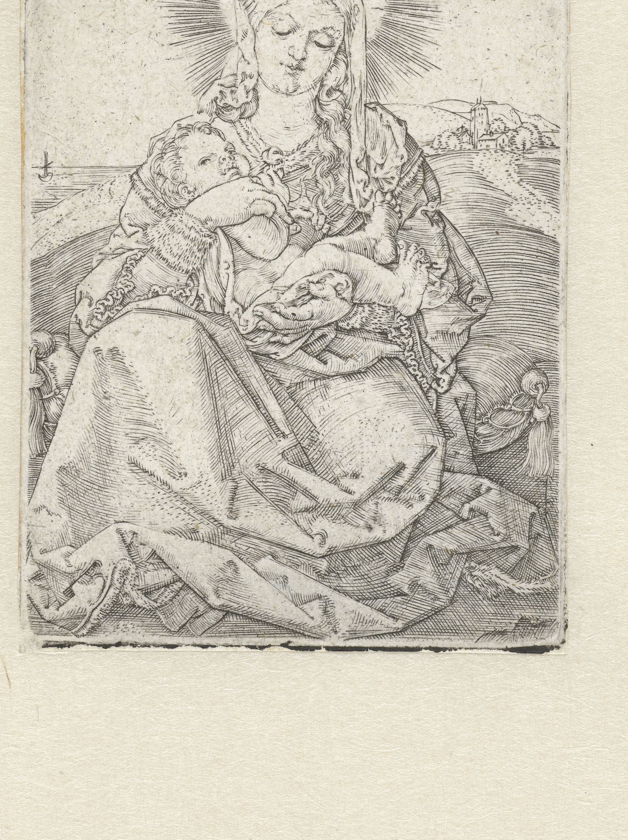 Madonna met kind zittend in een landschap