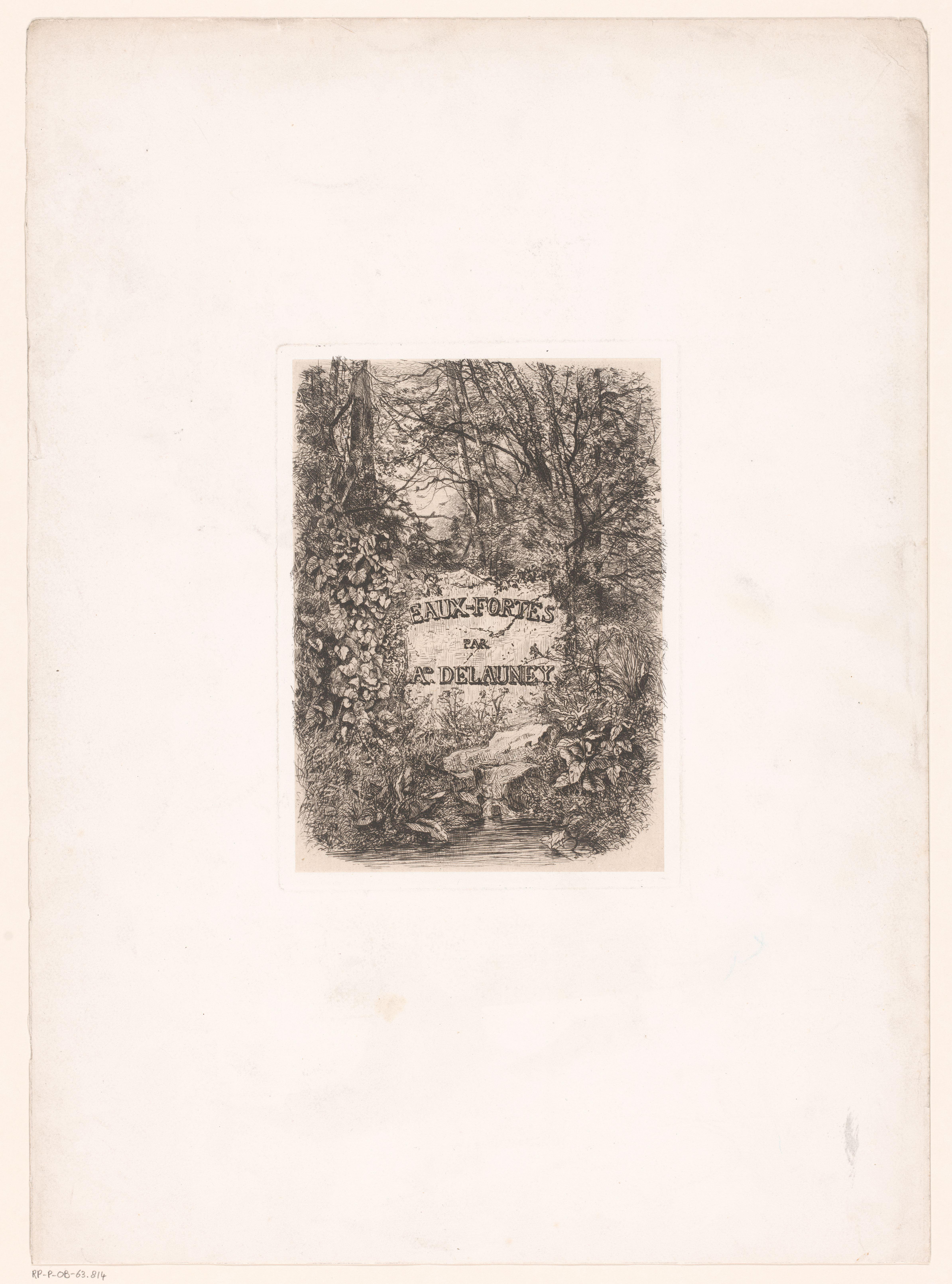 Titelprent met een begroeide steen met inscriptie in een boslandschap