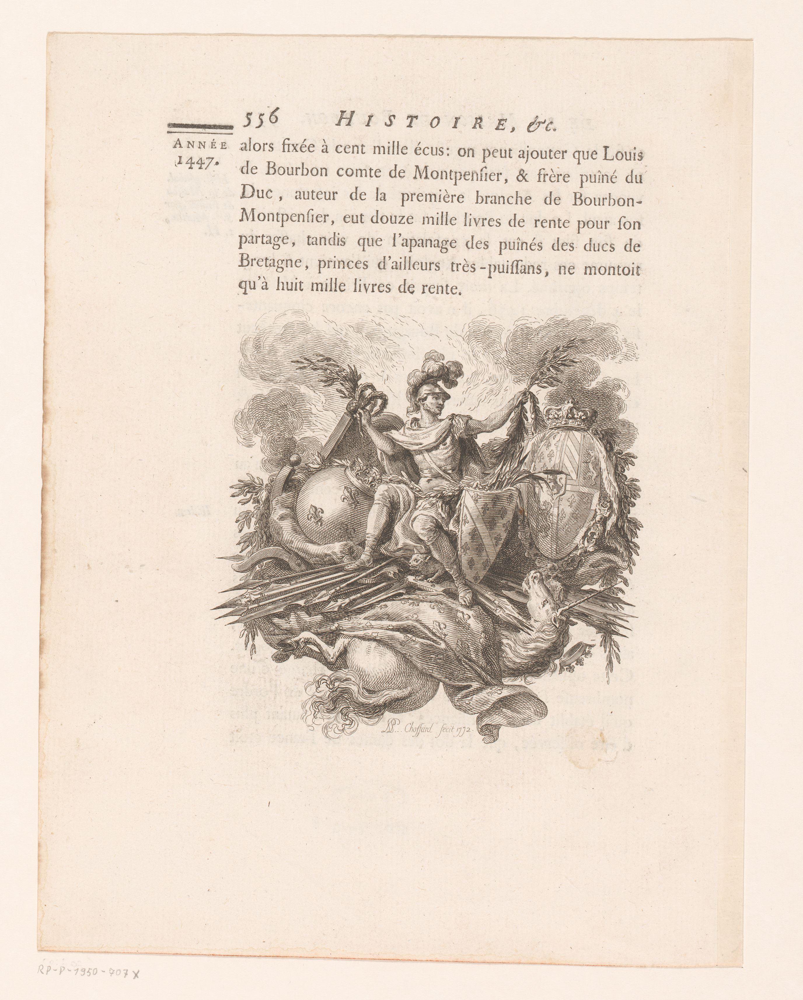Allegorische voorstelling met wapenschilden en eenhoorn