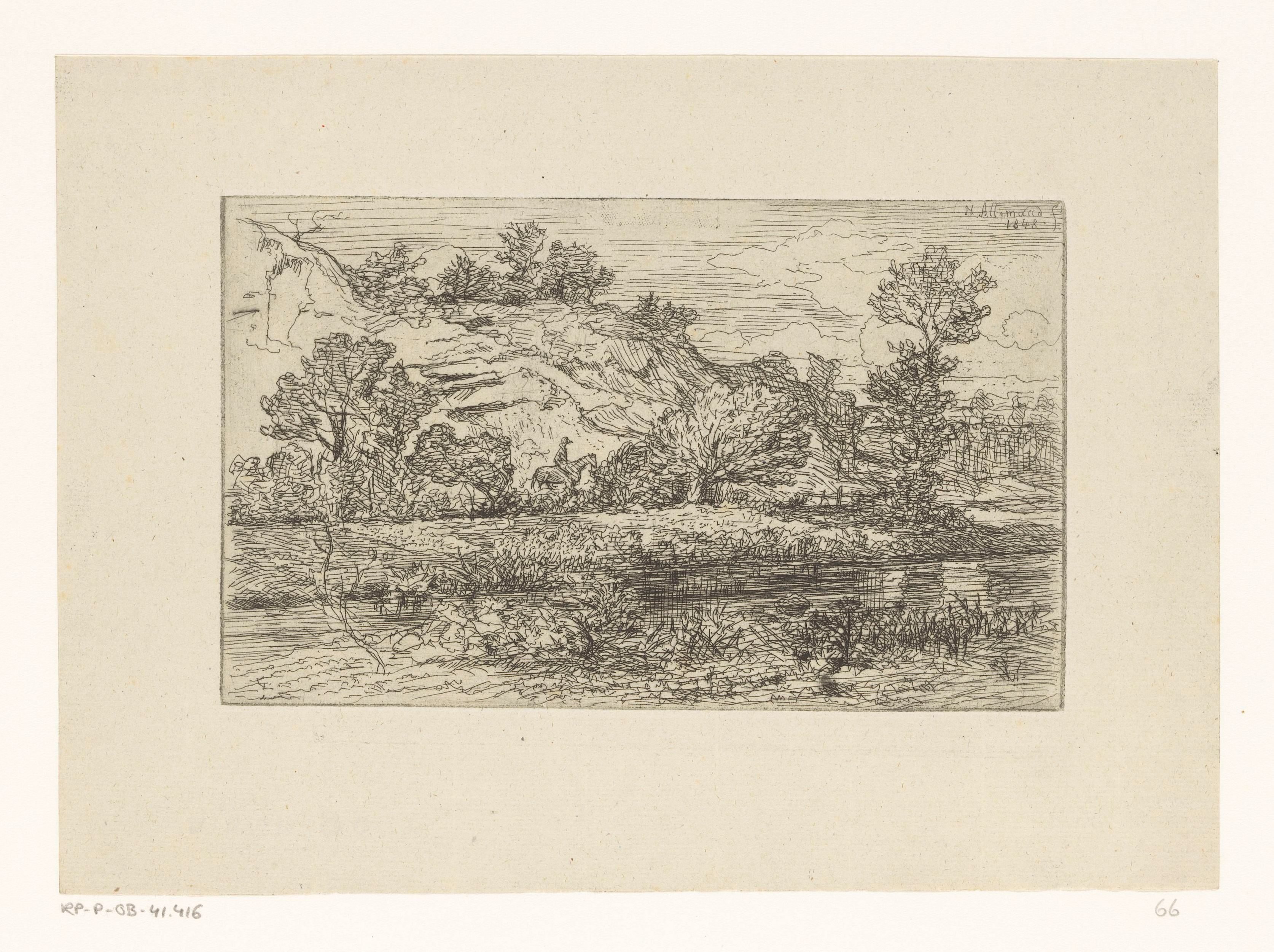 Landschap met ruiter langs een rivier
