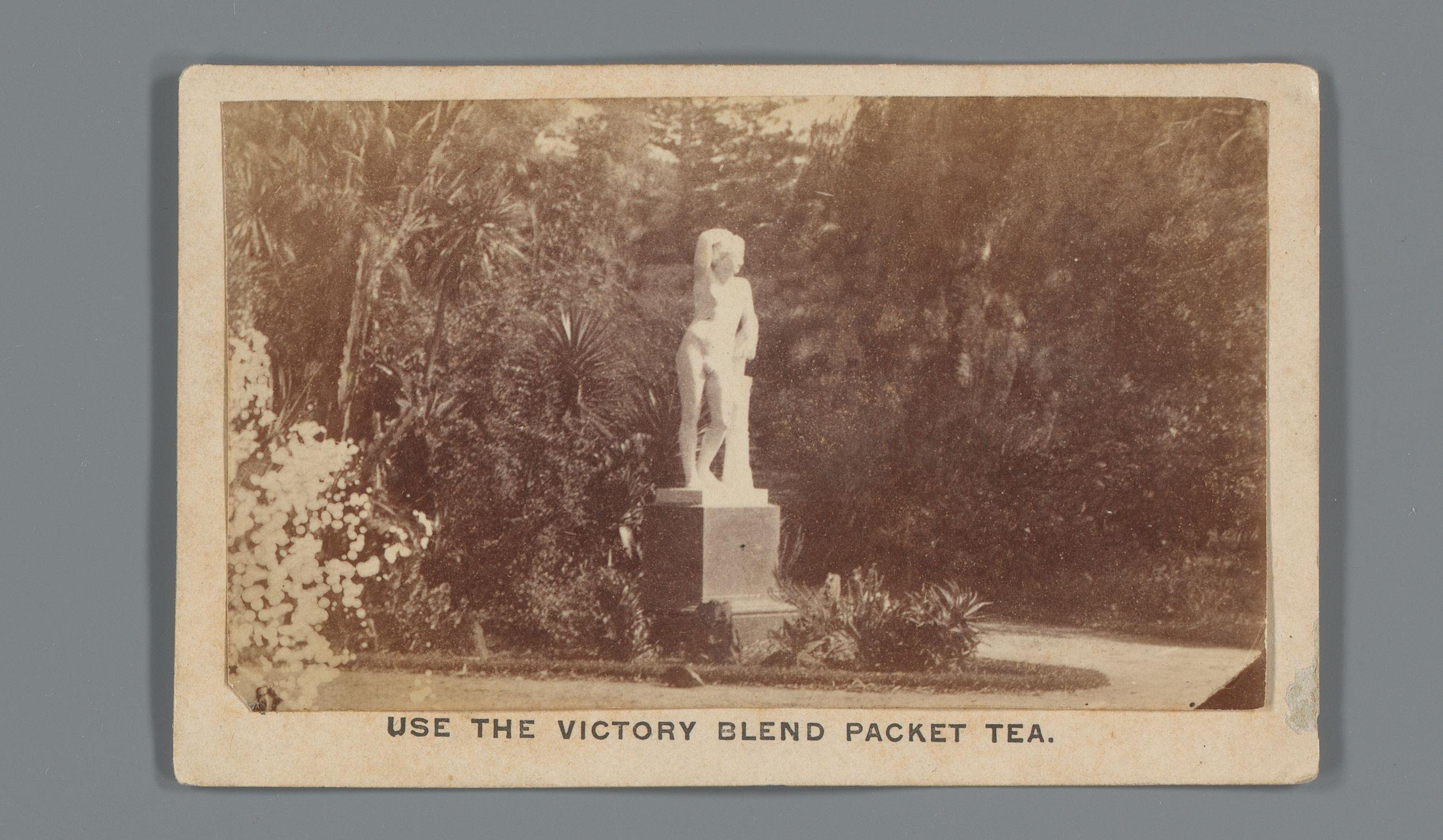 Gezicht op een botanische tuin met standbeeld in Sydney als reclame voor thee