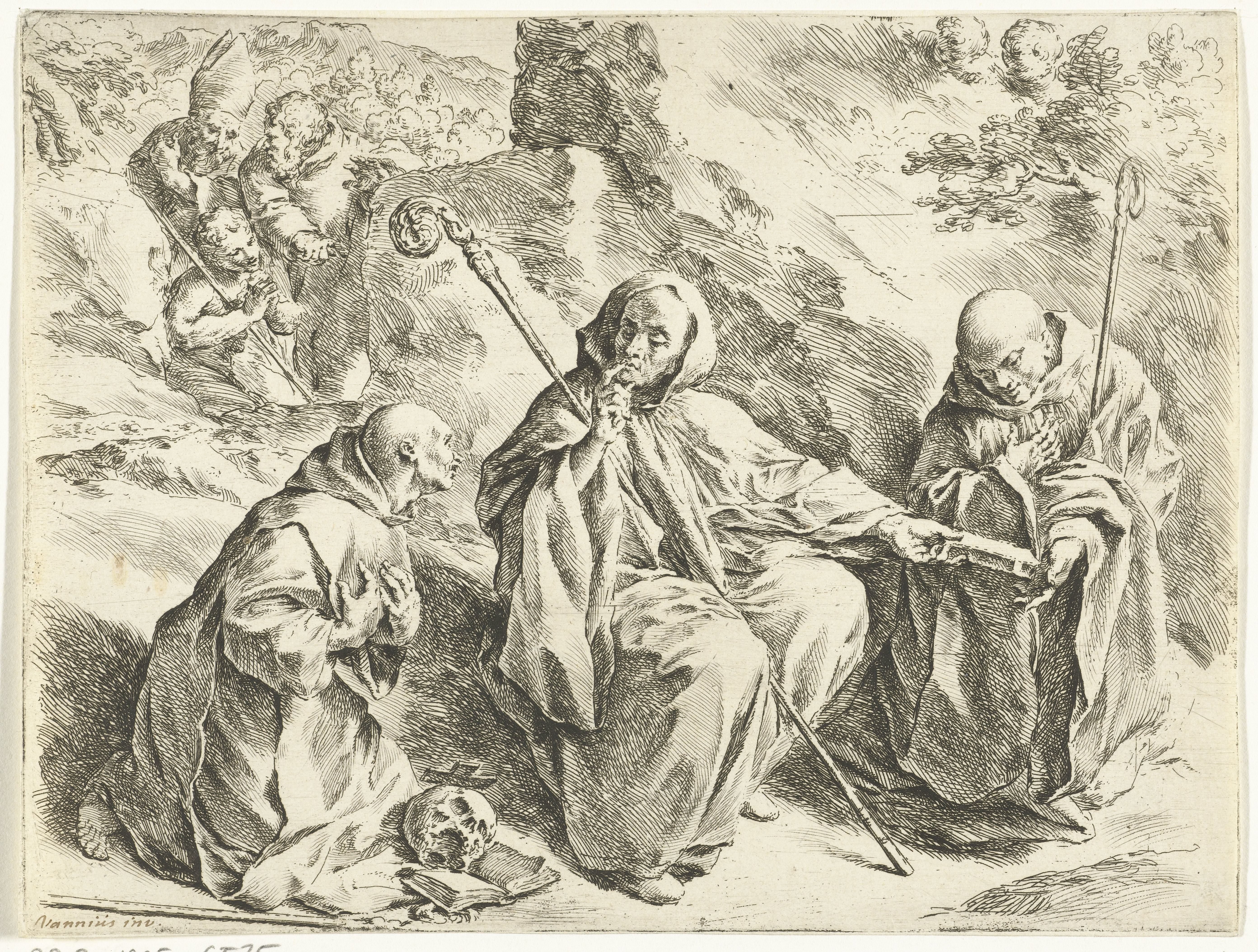 De heilige Benedictus zittend tussen de heiligen Bruno en Bernard