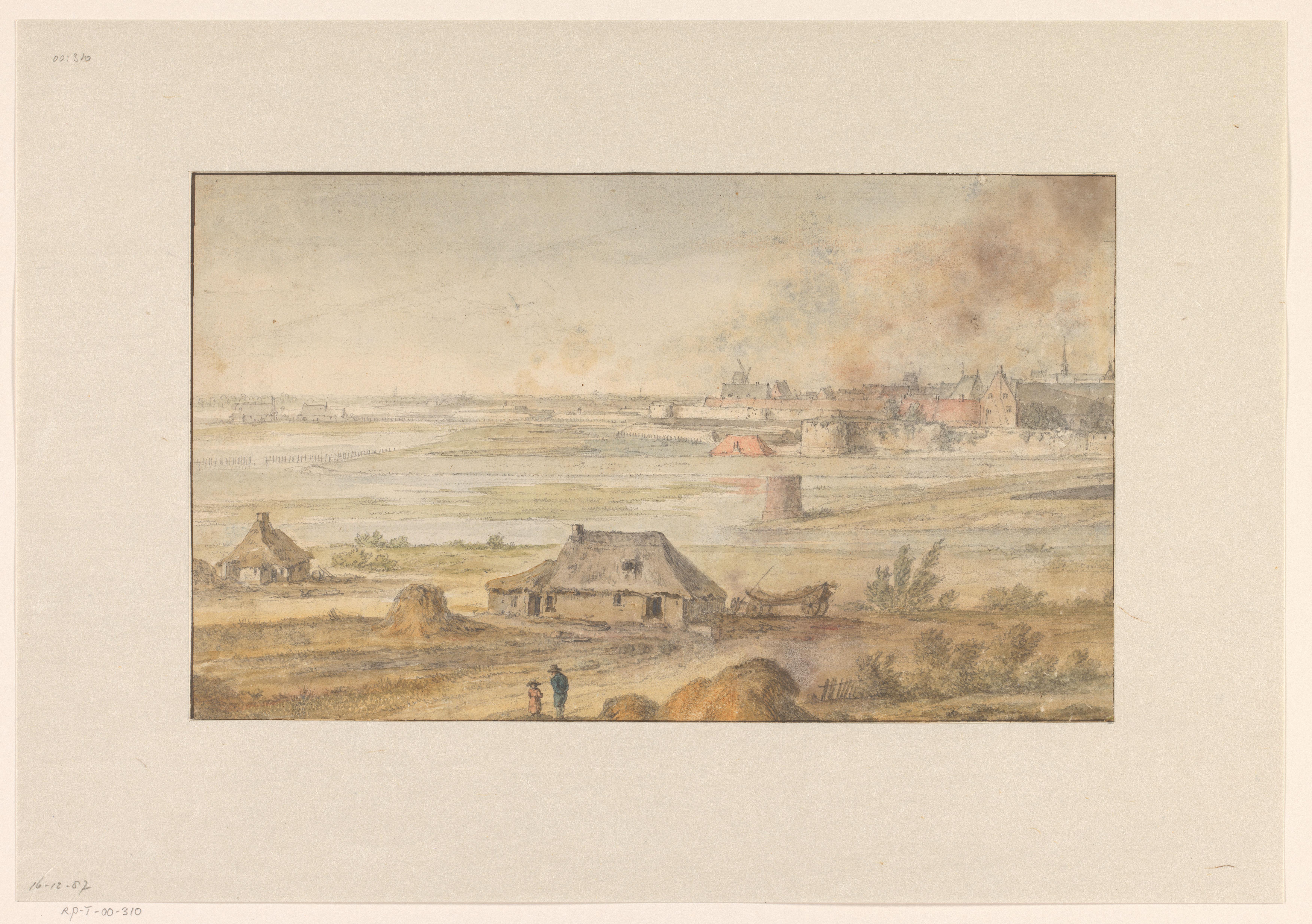 Landschap met boerderijen en een ommuurde stad