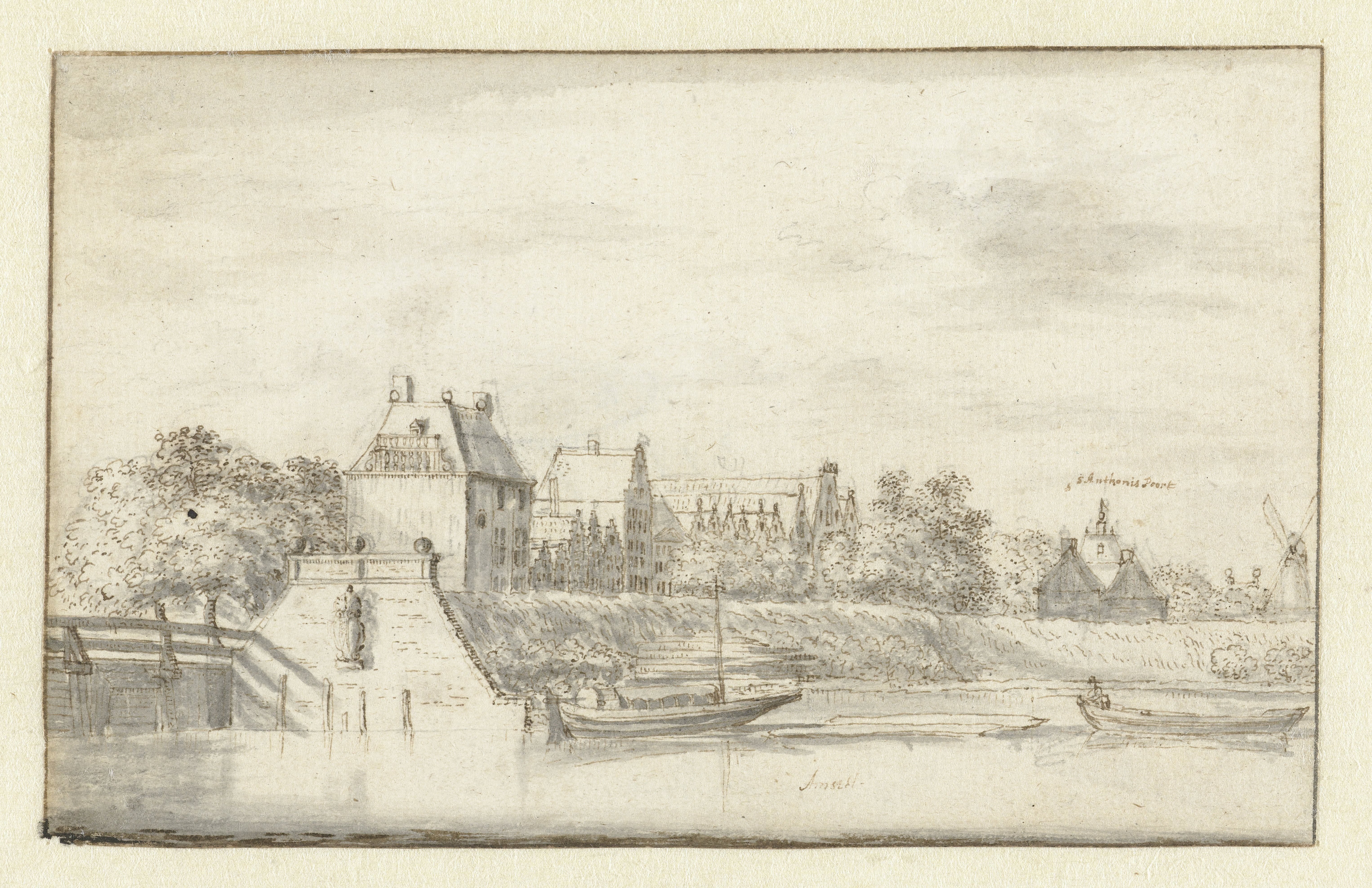 Oude jachthaven te Amsterdam, rechts de Sint Antoniespoort