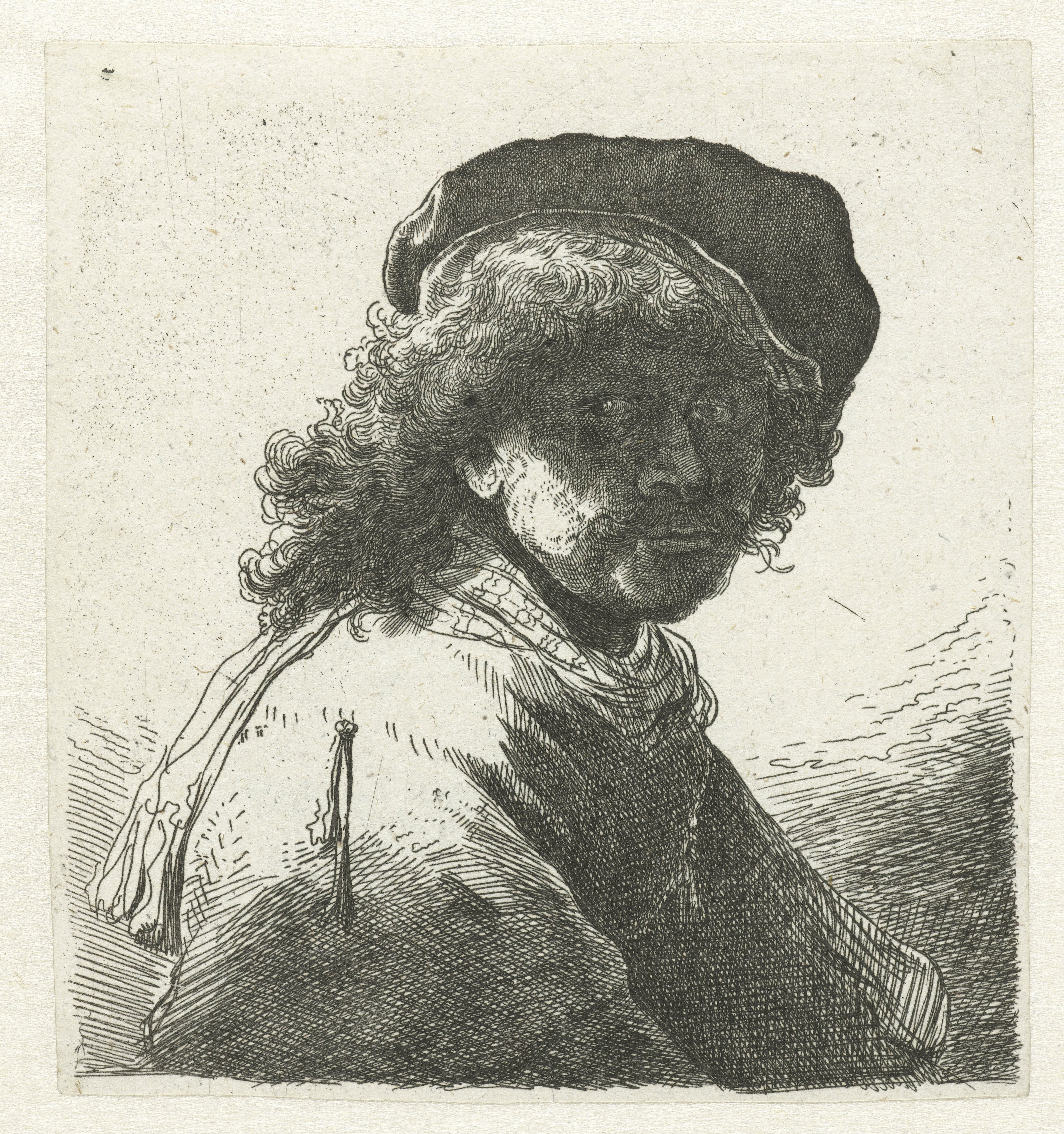 Self-portrait in a cap and scarf with the face dark: bust