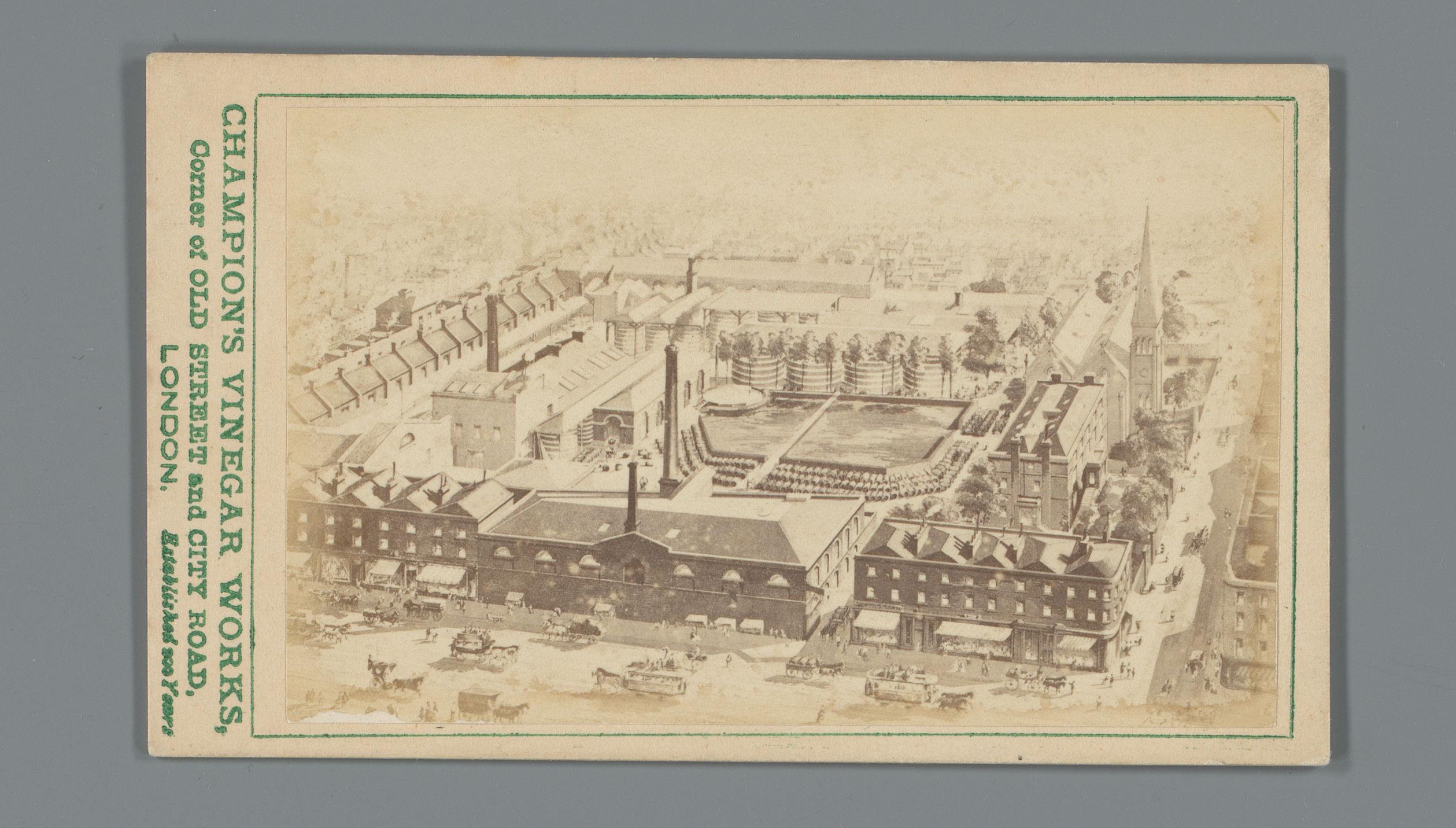 Gezicht op de fabriek van Champion's Vinegar Works in Londen