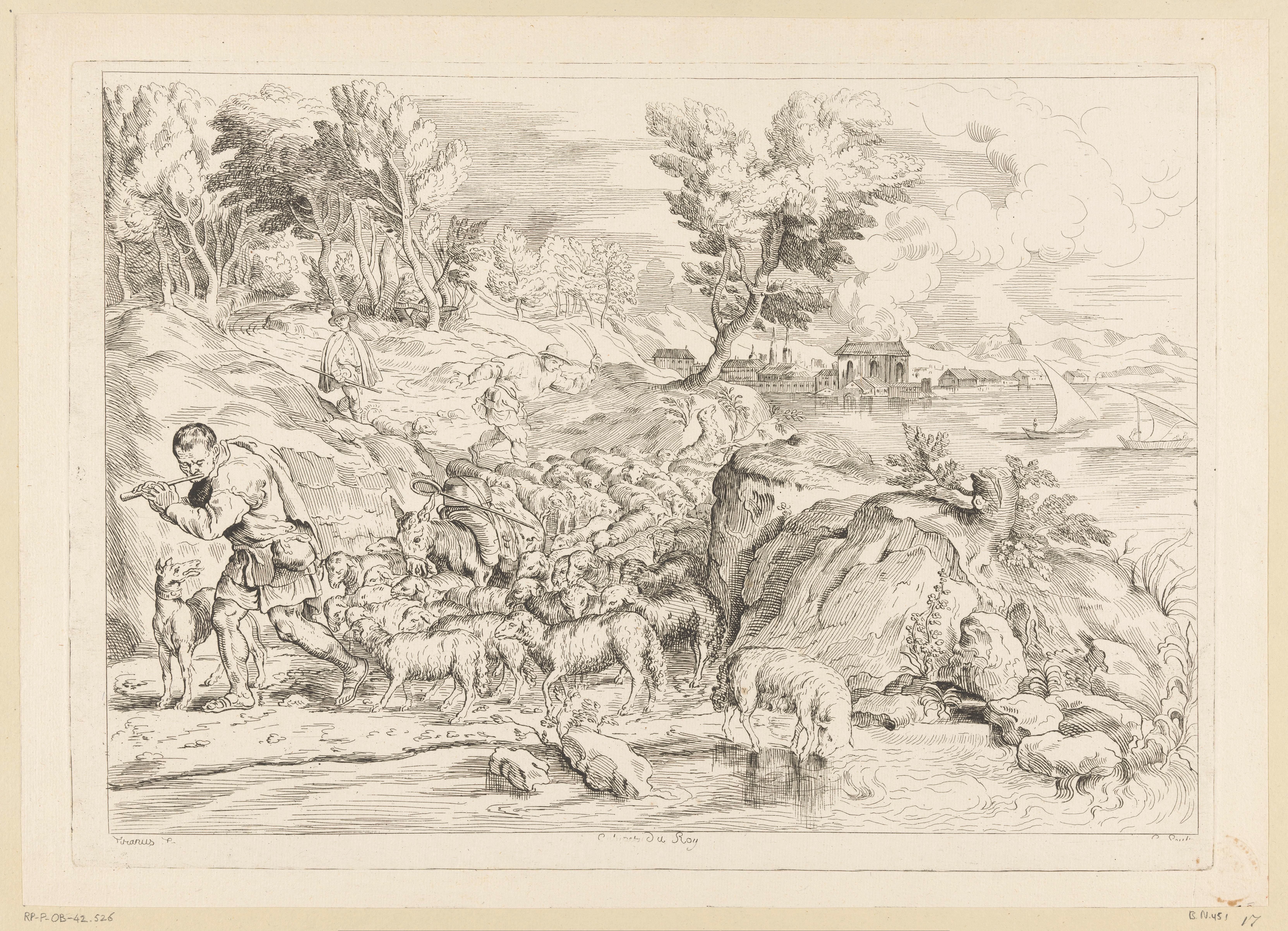Landschap met een kudde schapen en een fluit-spelende herder voorop