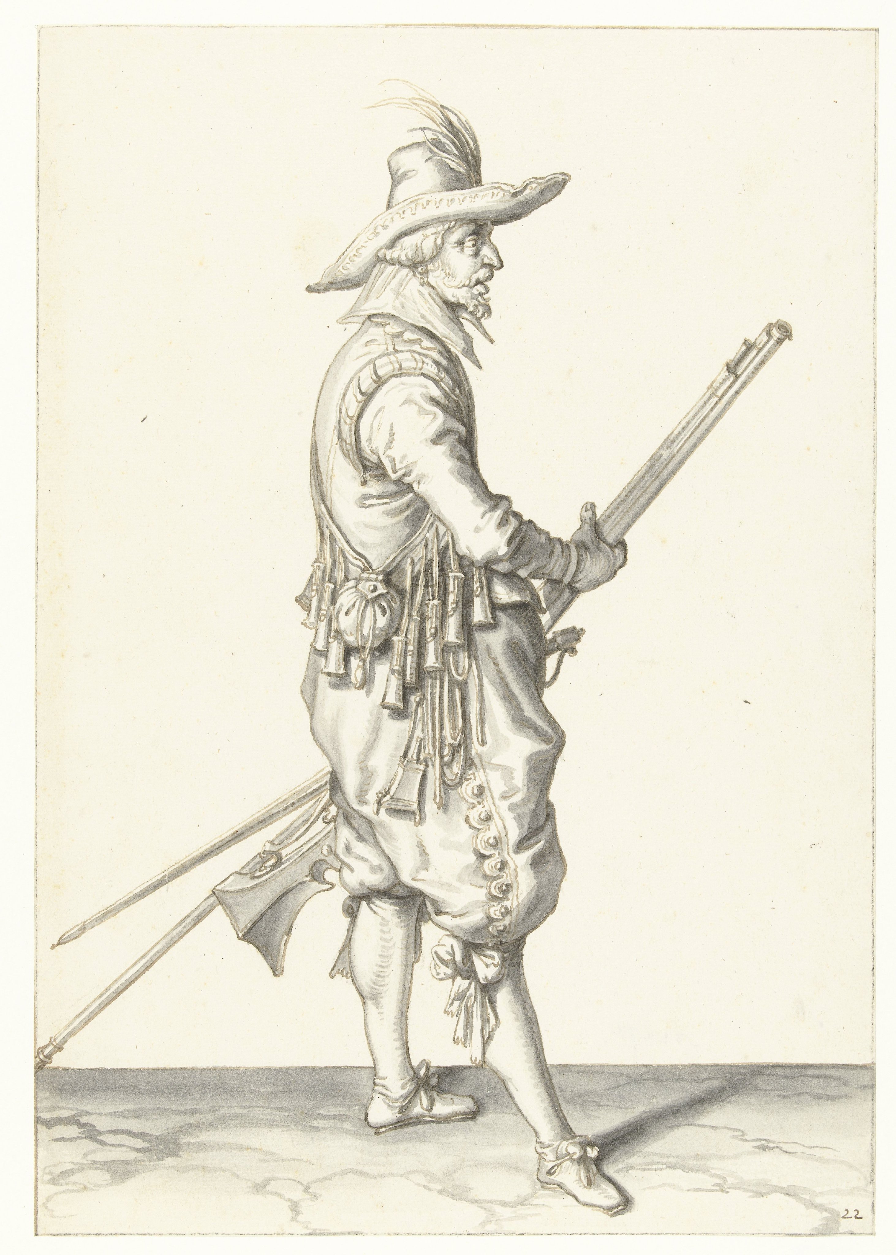 Soldaat die zijn musket met beide handen bij zijn linkerdijbeen vasthoudt