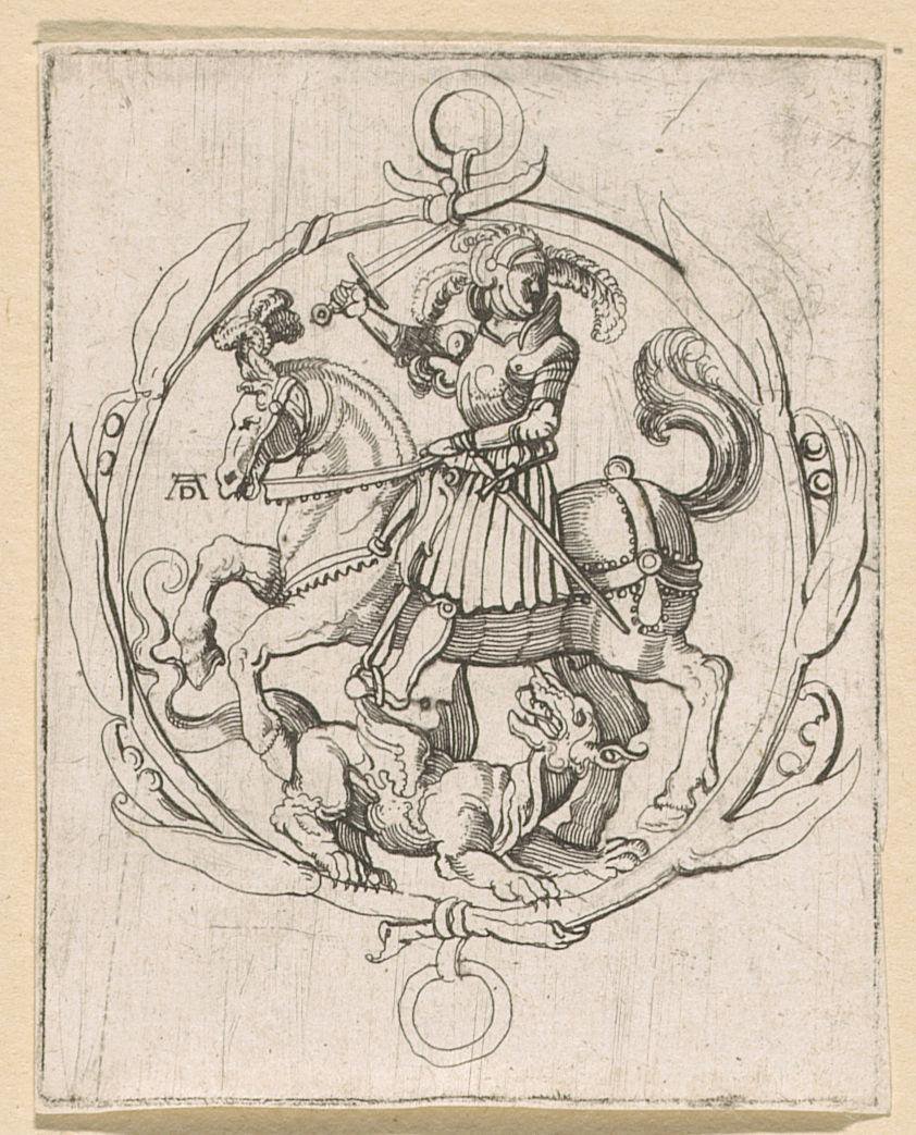 Heilige Joris en de draak in omlijsting van planten