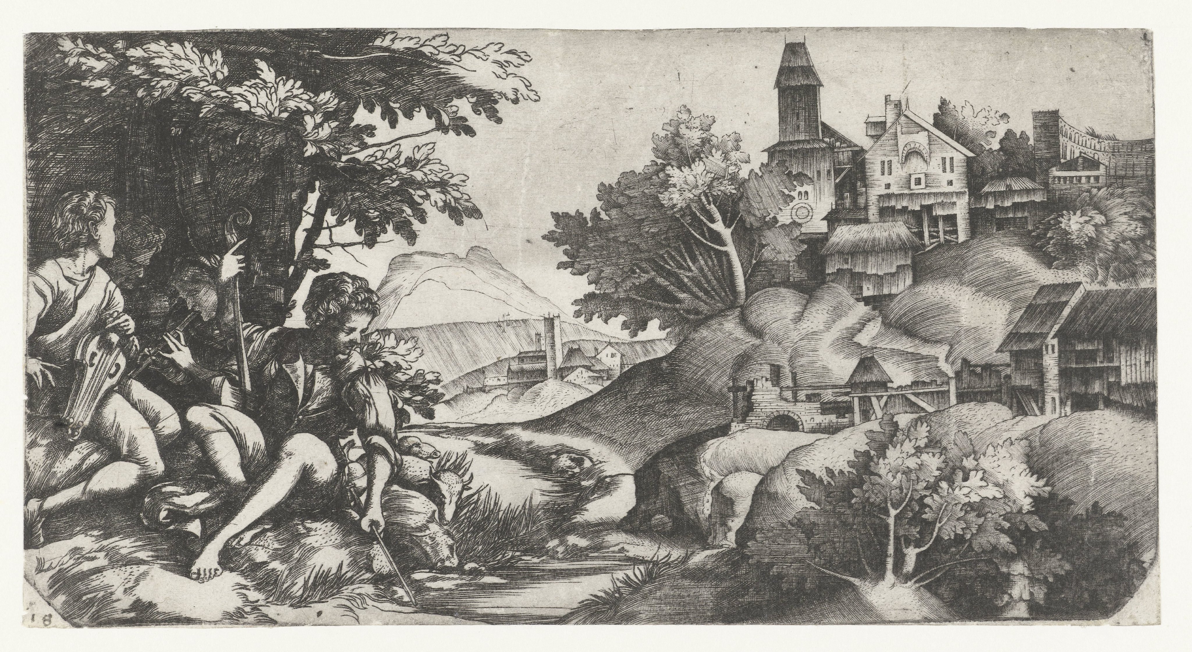 Musicerende herders in een landschap