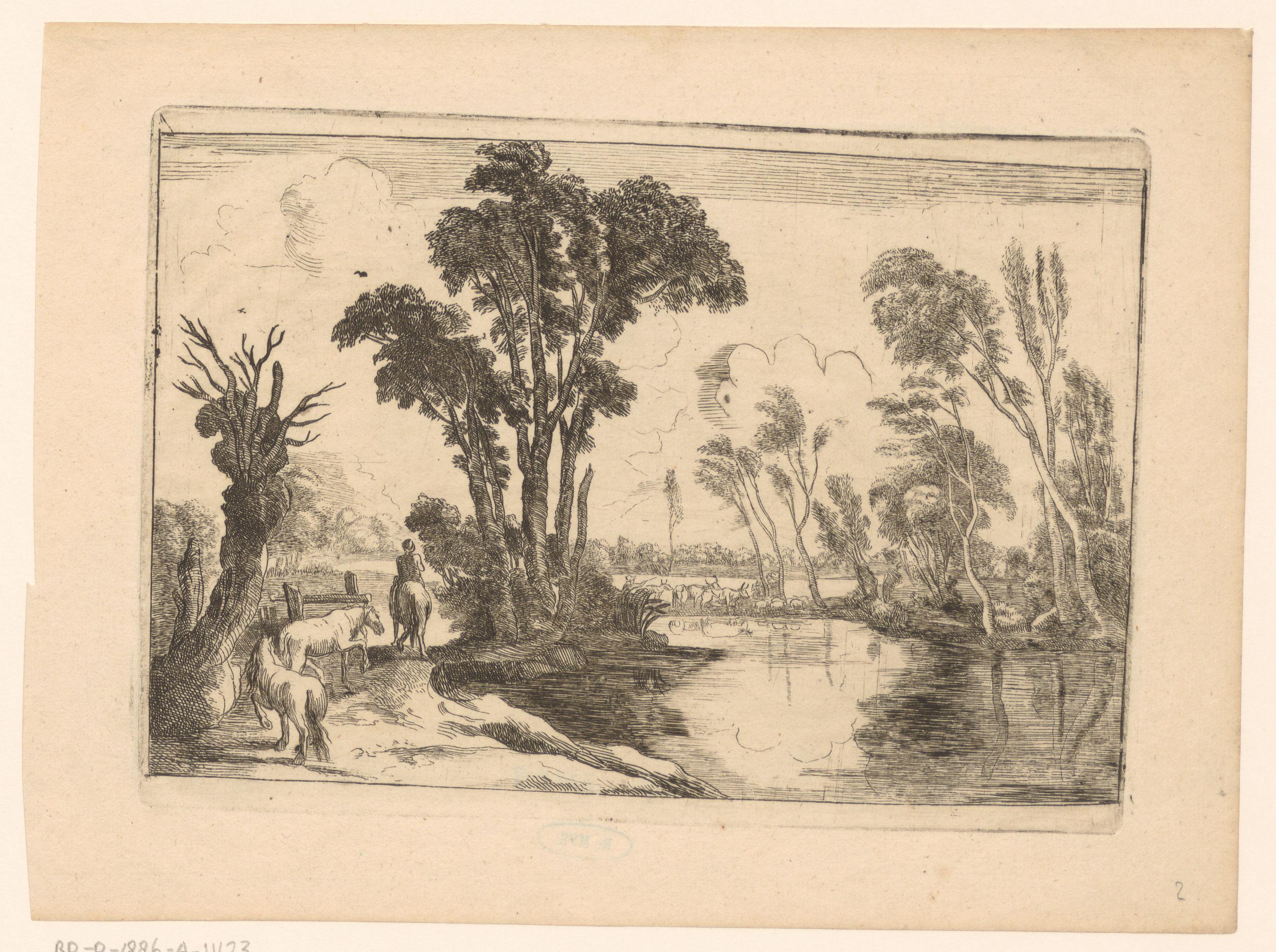 Landschap met ruiter en twee paarden die langs een meer lopen