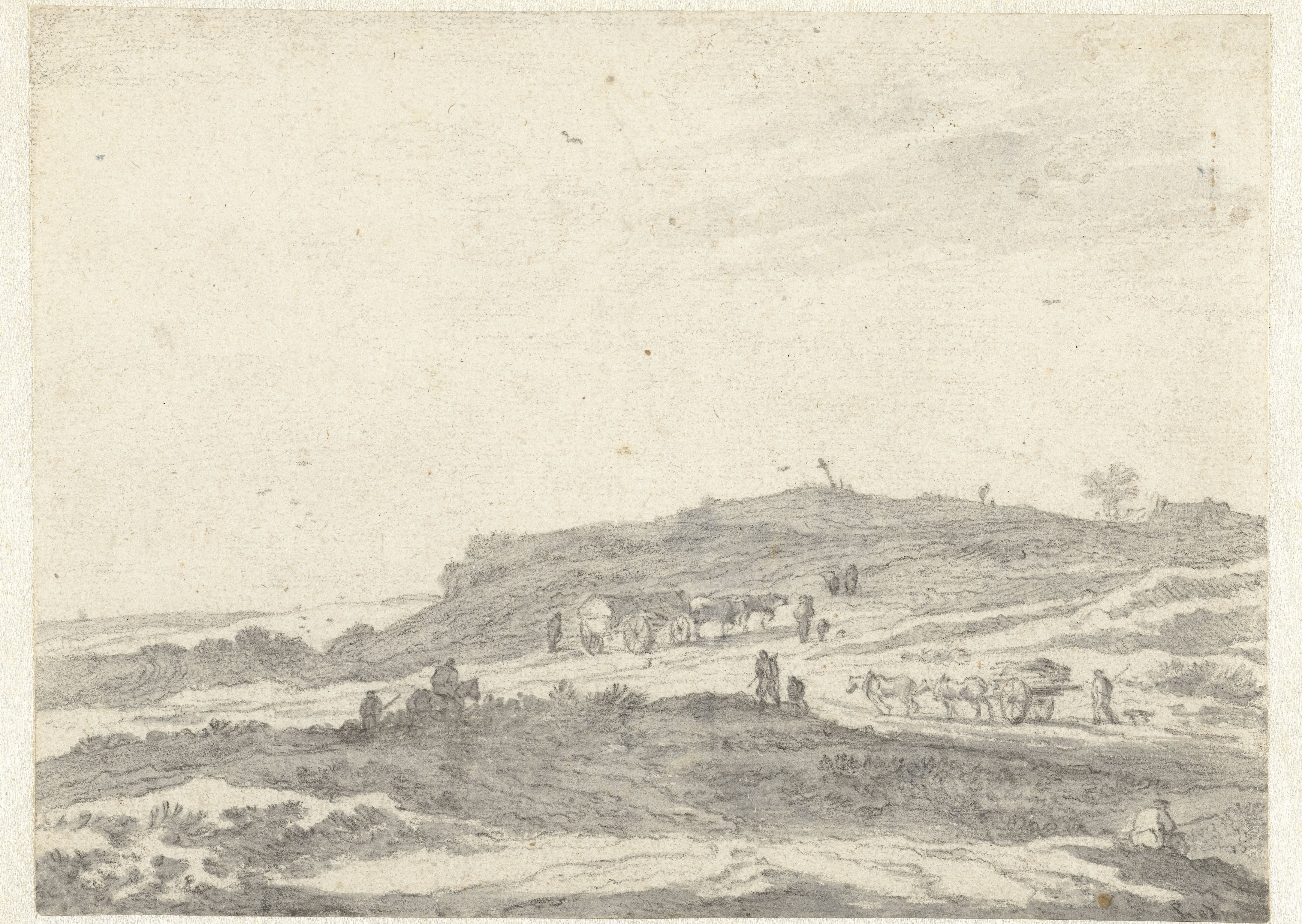 Heuvellandschap met een wagen en een kar