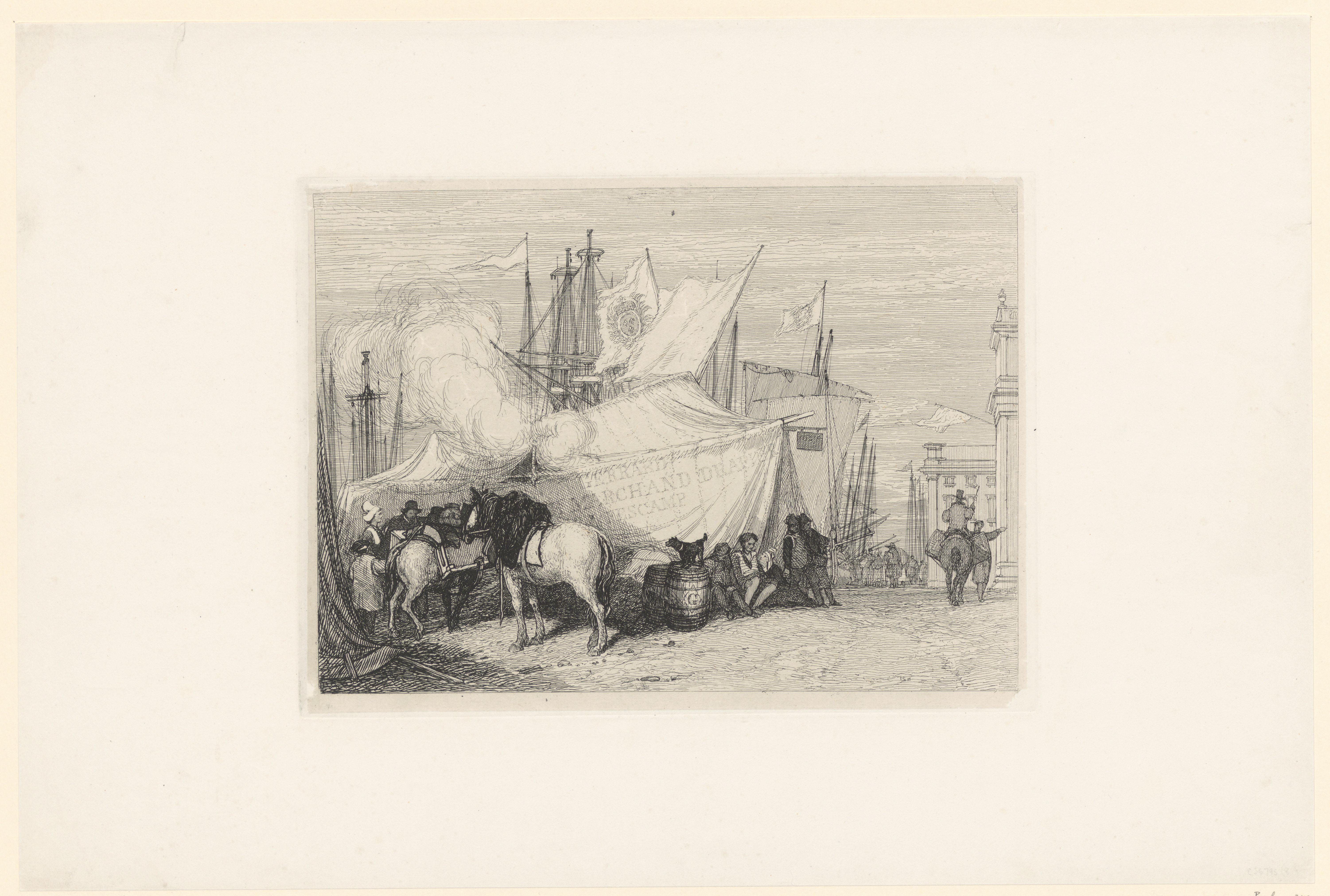 Figuren en paarden in de haven van Fécamp