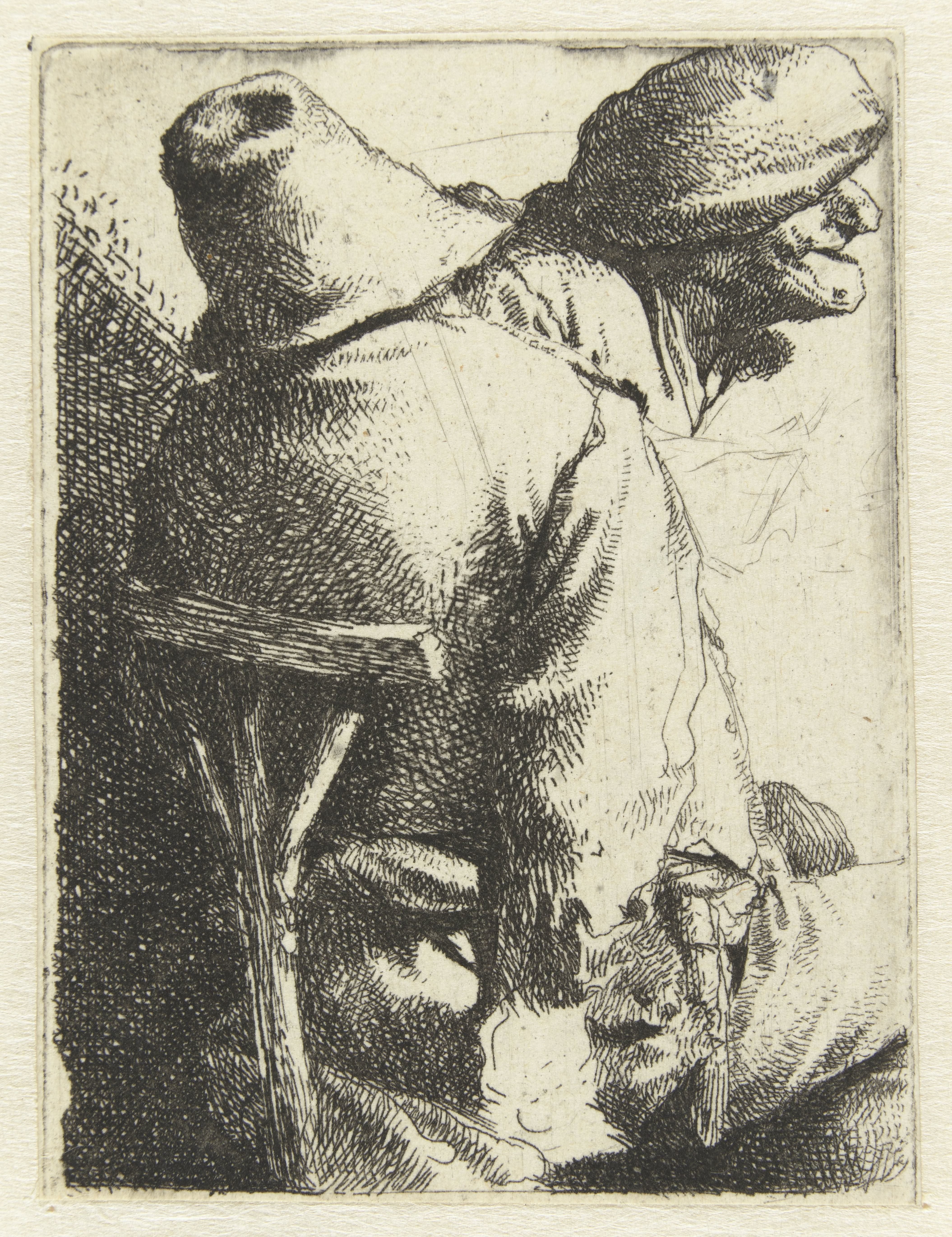 Man zittend op rug gezien, vrouwen- of mannenhoofd met muts
