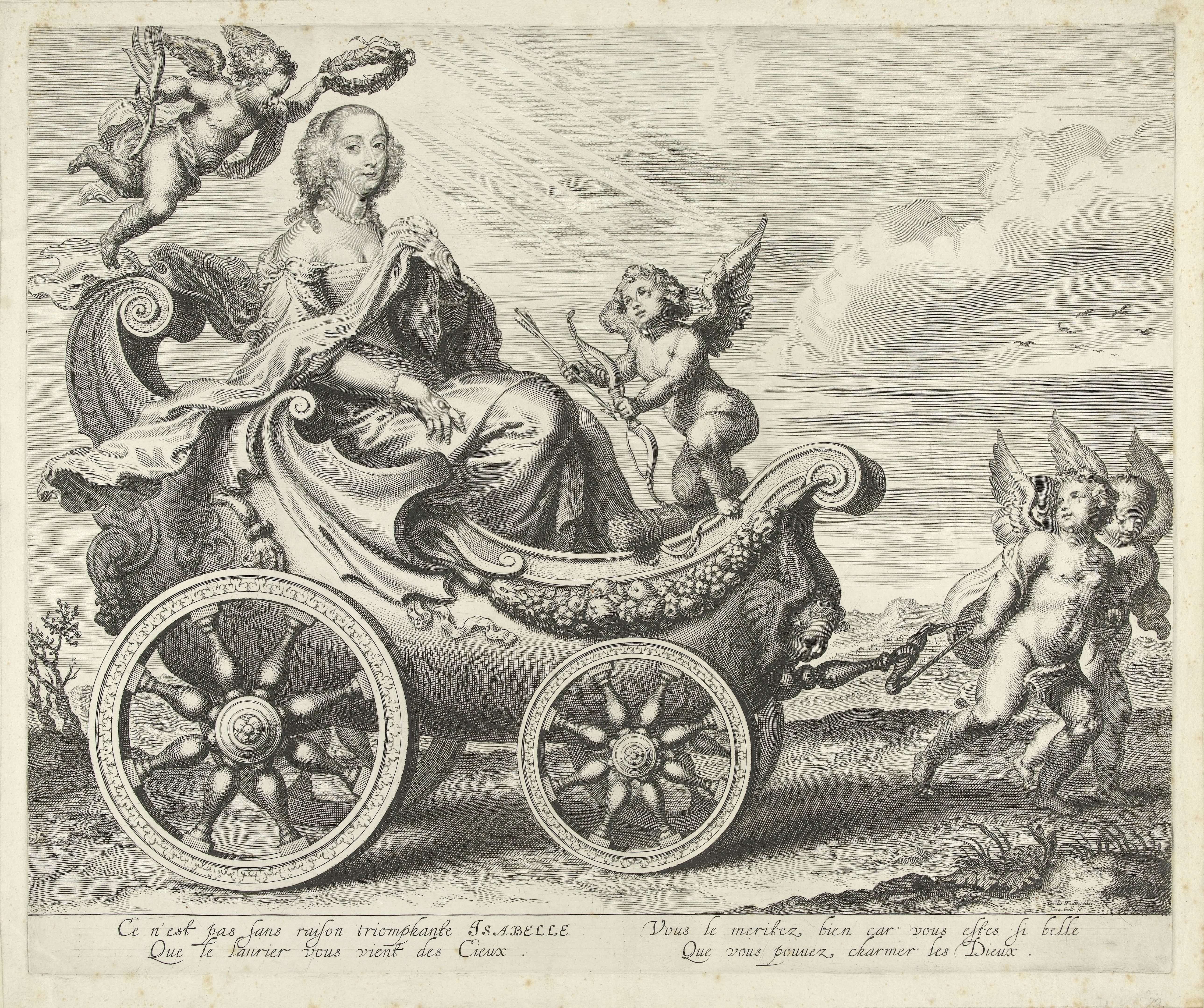 Clara Isabella de Ligne-Arenberg (?) in een triomfwagen
