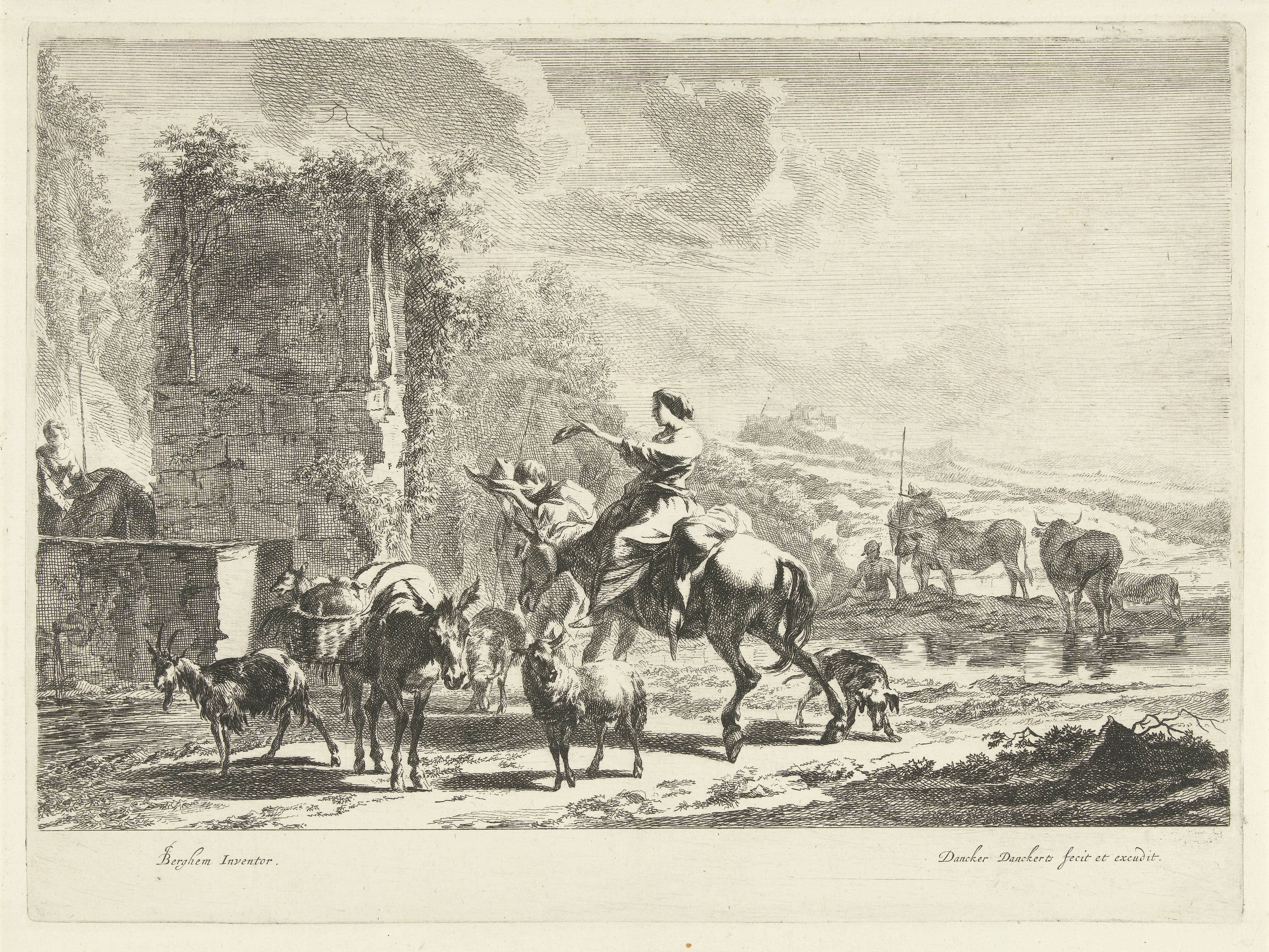 Herders met muilezels en vee bij bron in berglandschap