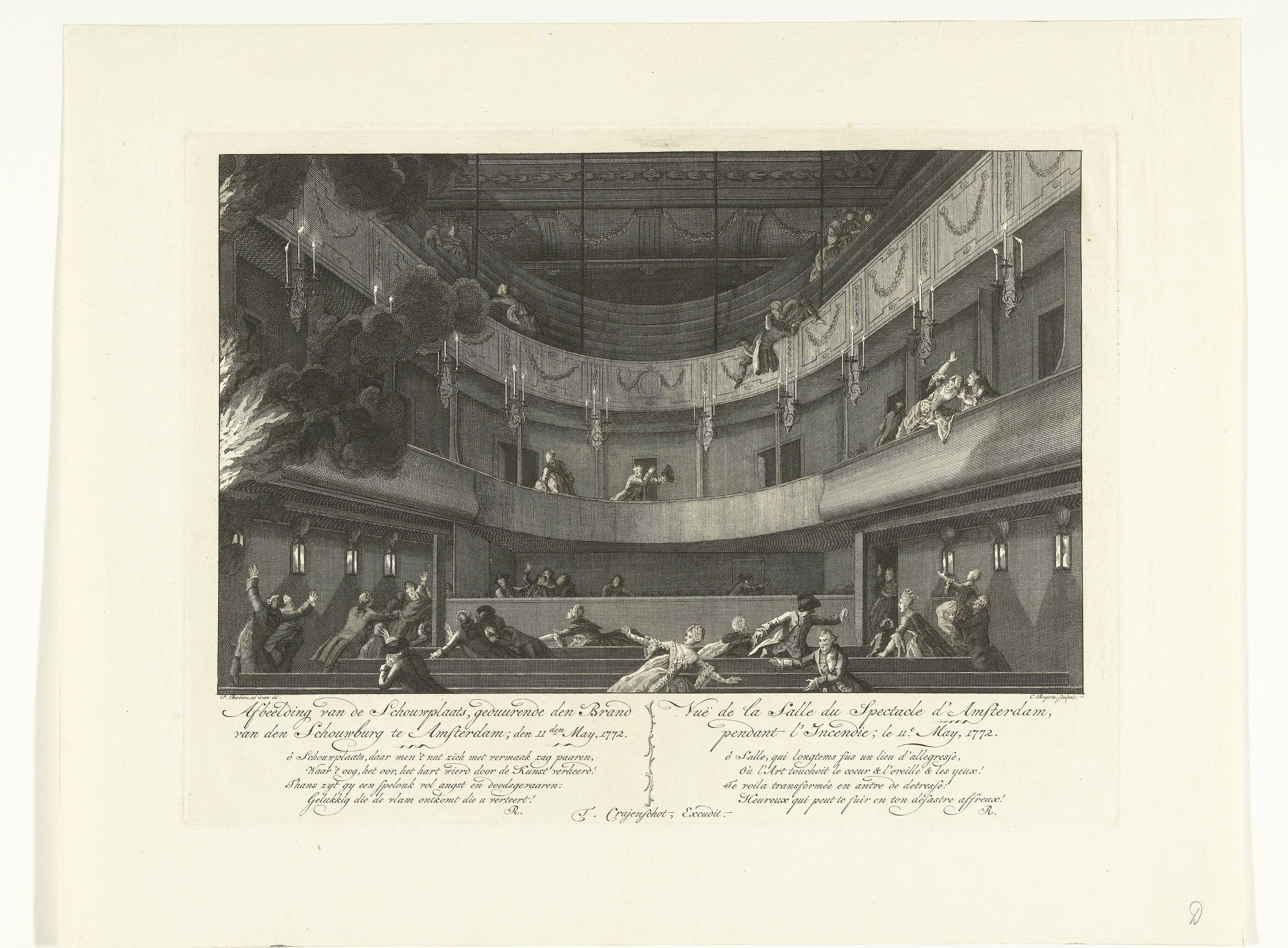 Zaal van de schouwburg aan de Keizersgracht te Amsterdam bij het uitbreken van de brand, 1772