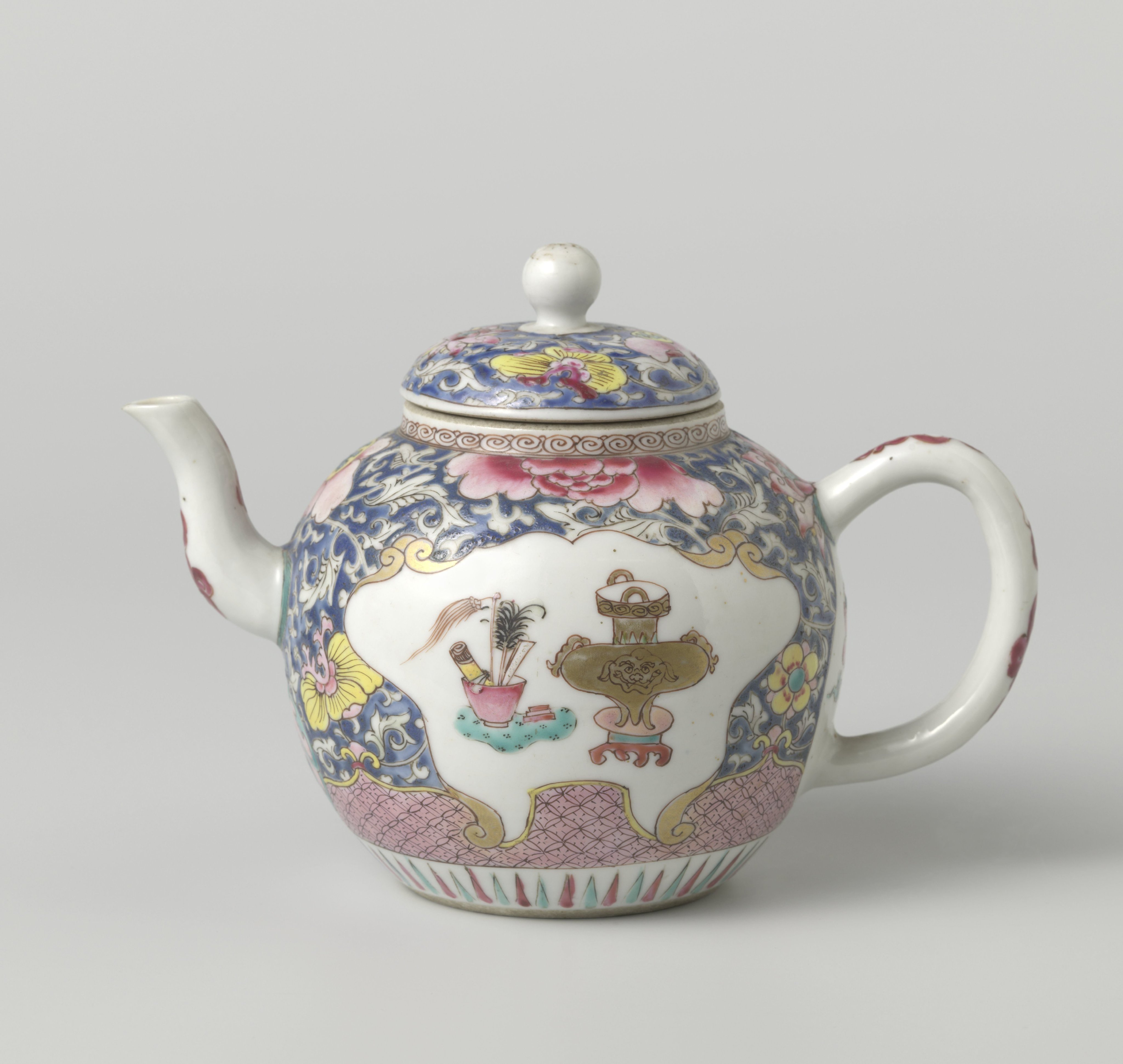 Teapot with flowers, floral scrolls and antiquities in panels
