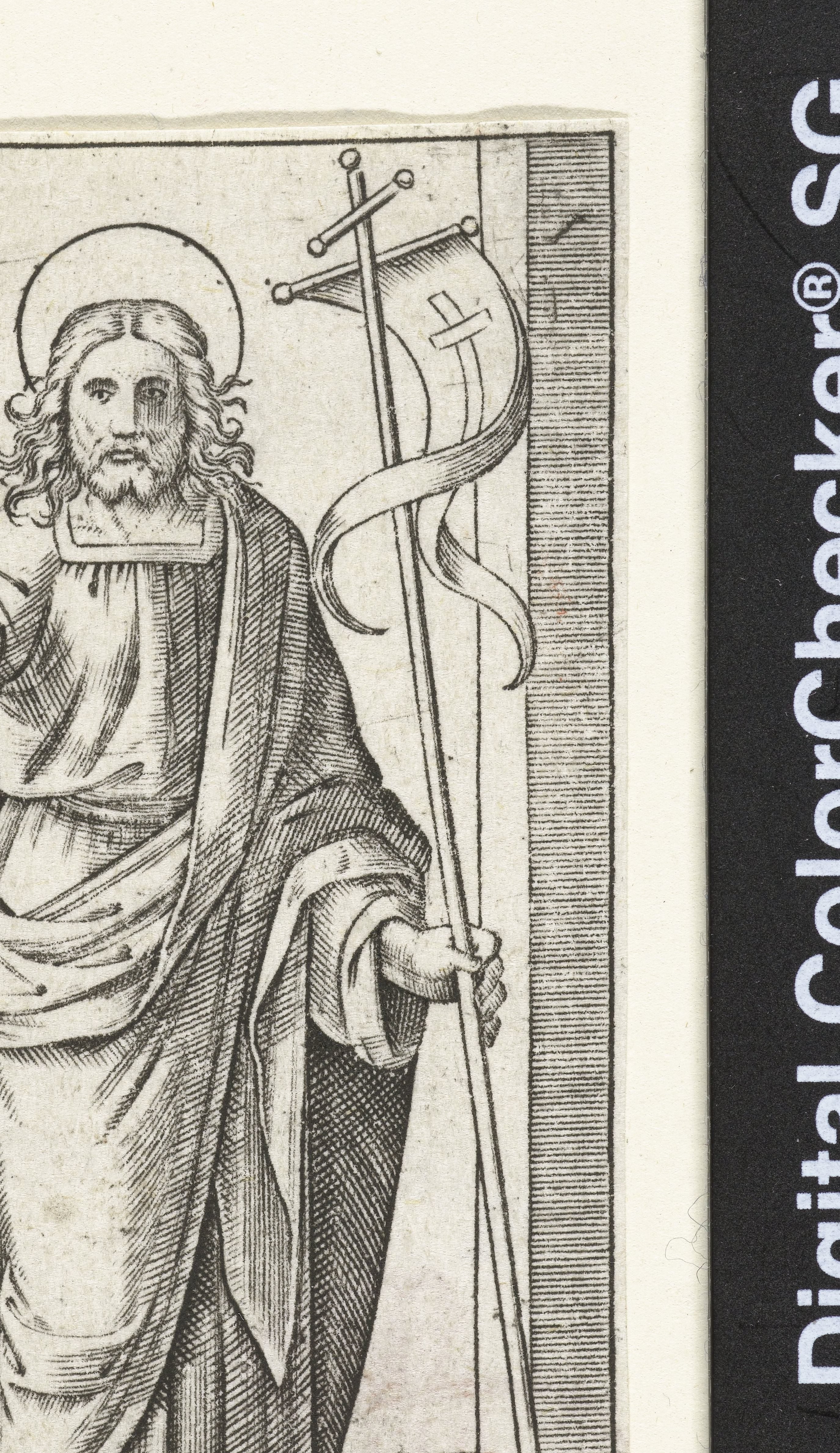 Christus met kruisvaandel maakt zegenend gebaar