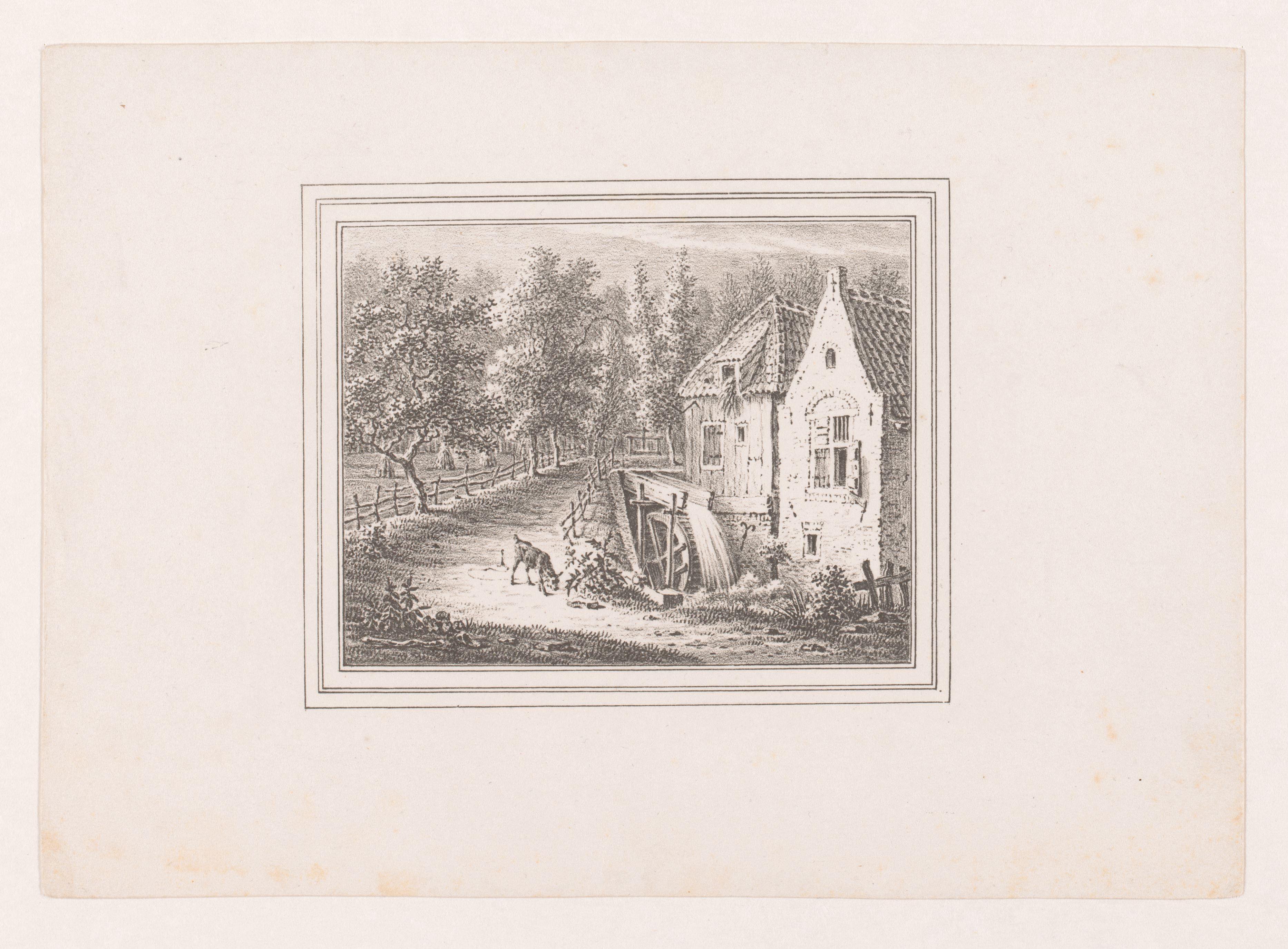 Landschap met watermolen en een grazende geit aan een touw