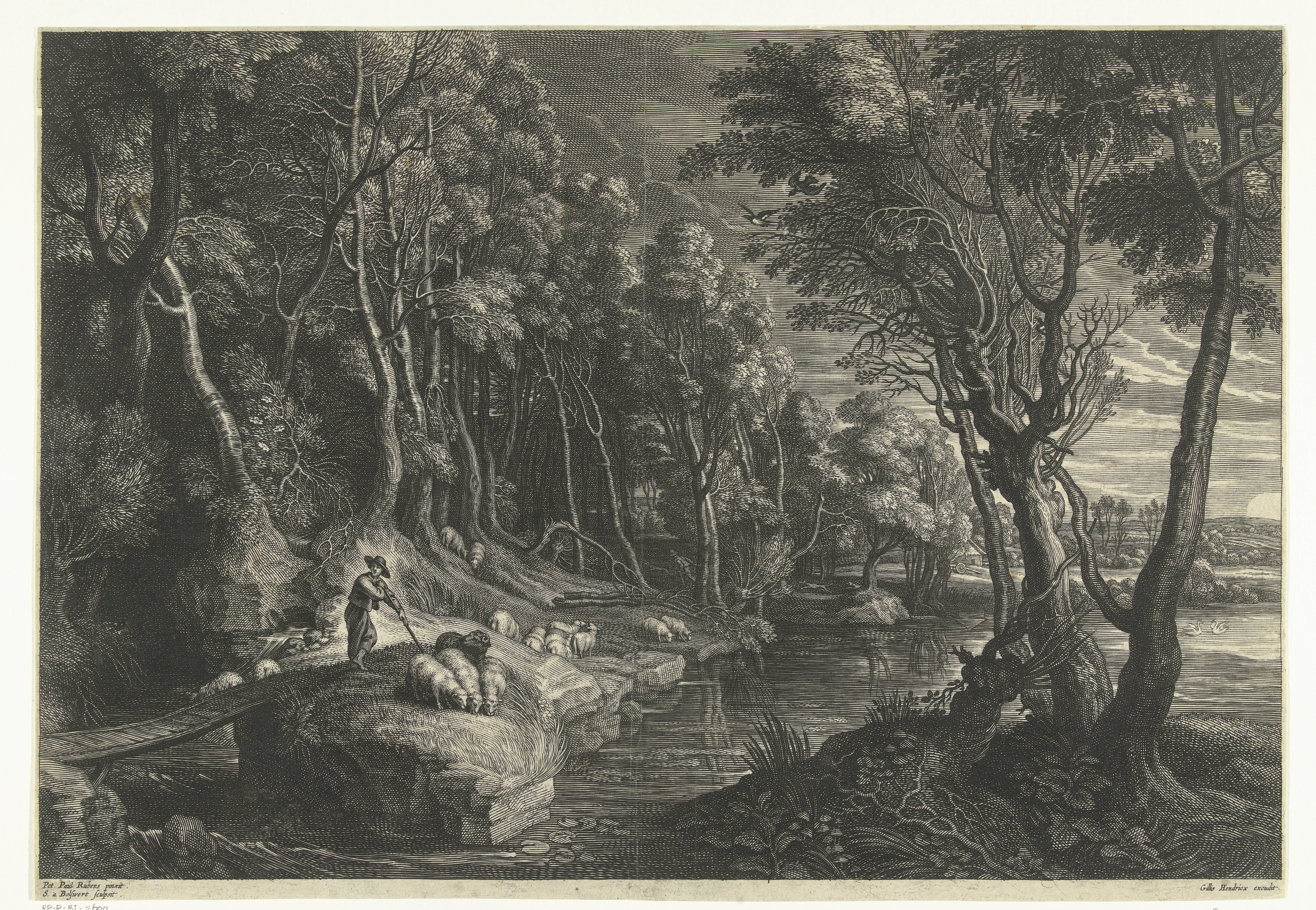 Landschap met herder en kudde schapen bij water