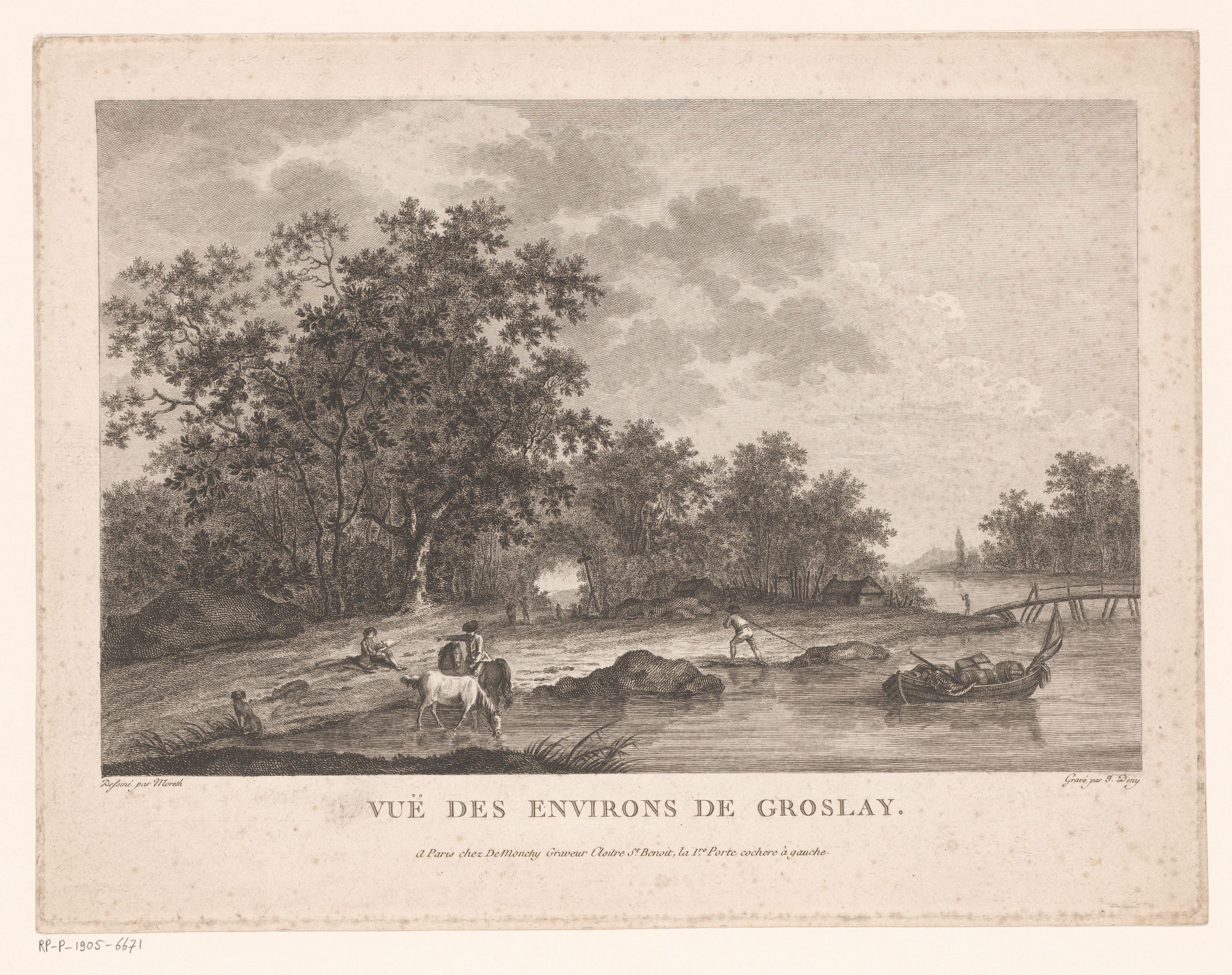 Rivierlandschap met een brug en figuren langs de waterkant