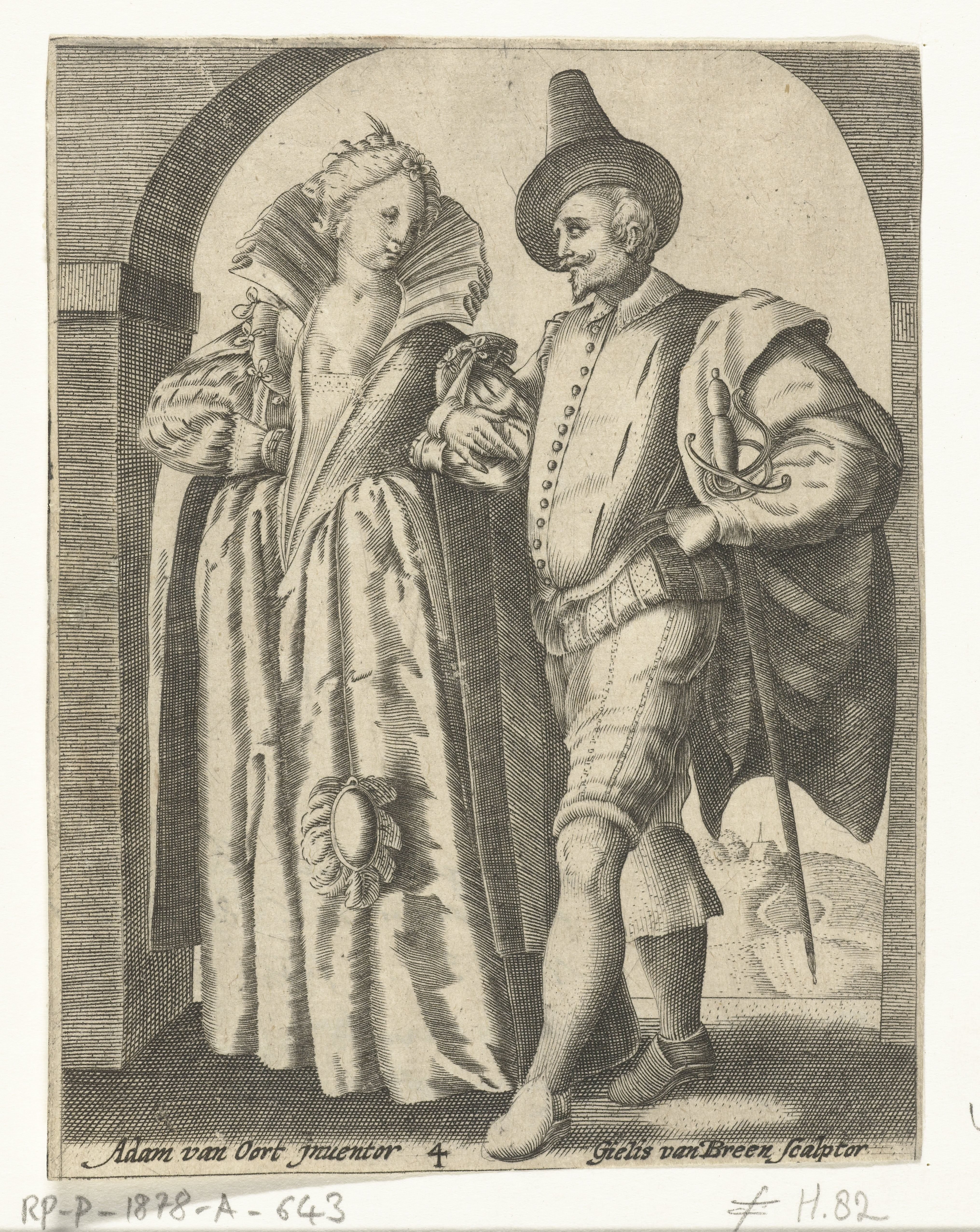 Man en vrouw, gekleed volgens de mode van 1590-1600