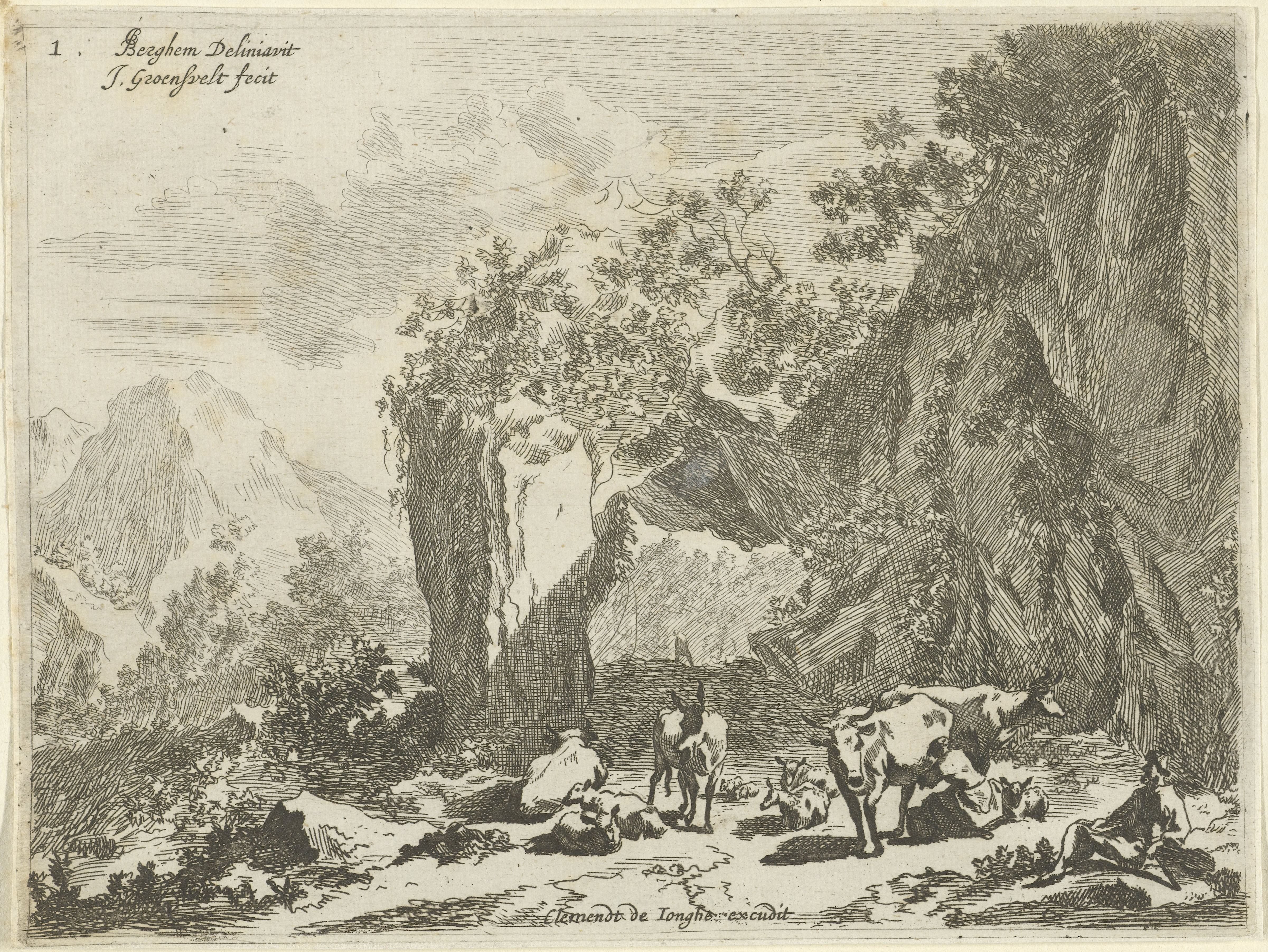 Berglandschap met herder, herderin en vee
